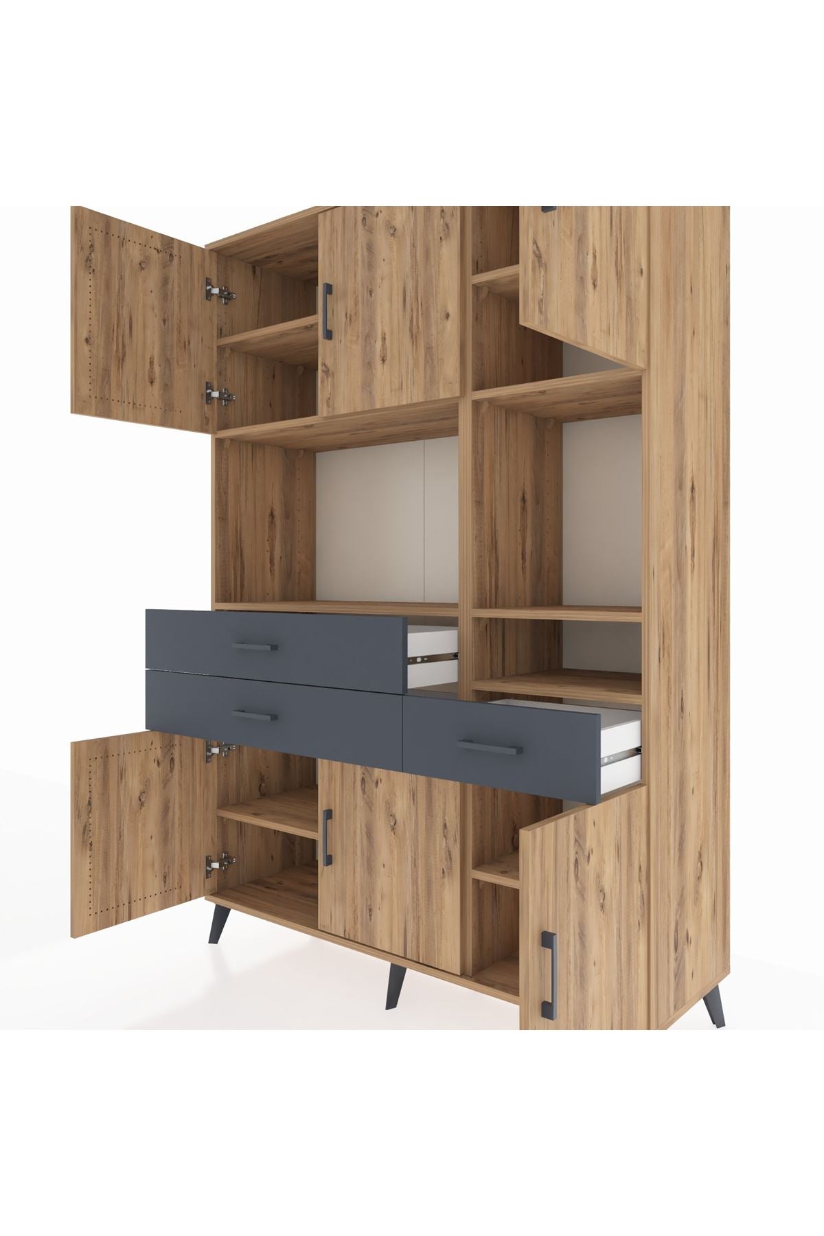 Hyperion Dolap 9 Raflı 3 Çekmeceli 6 Kapaklı 132x44x195 Çam-Çam/Antrasit