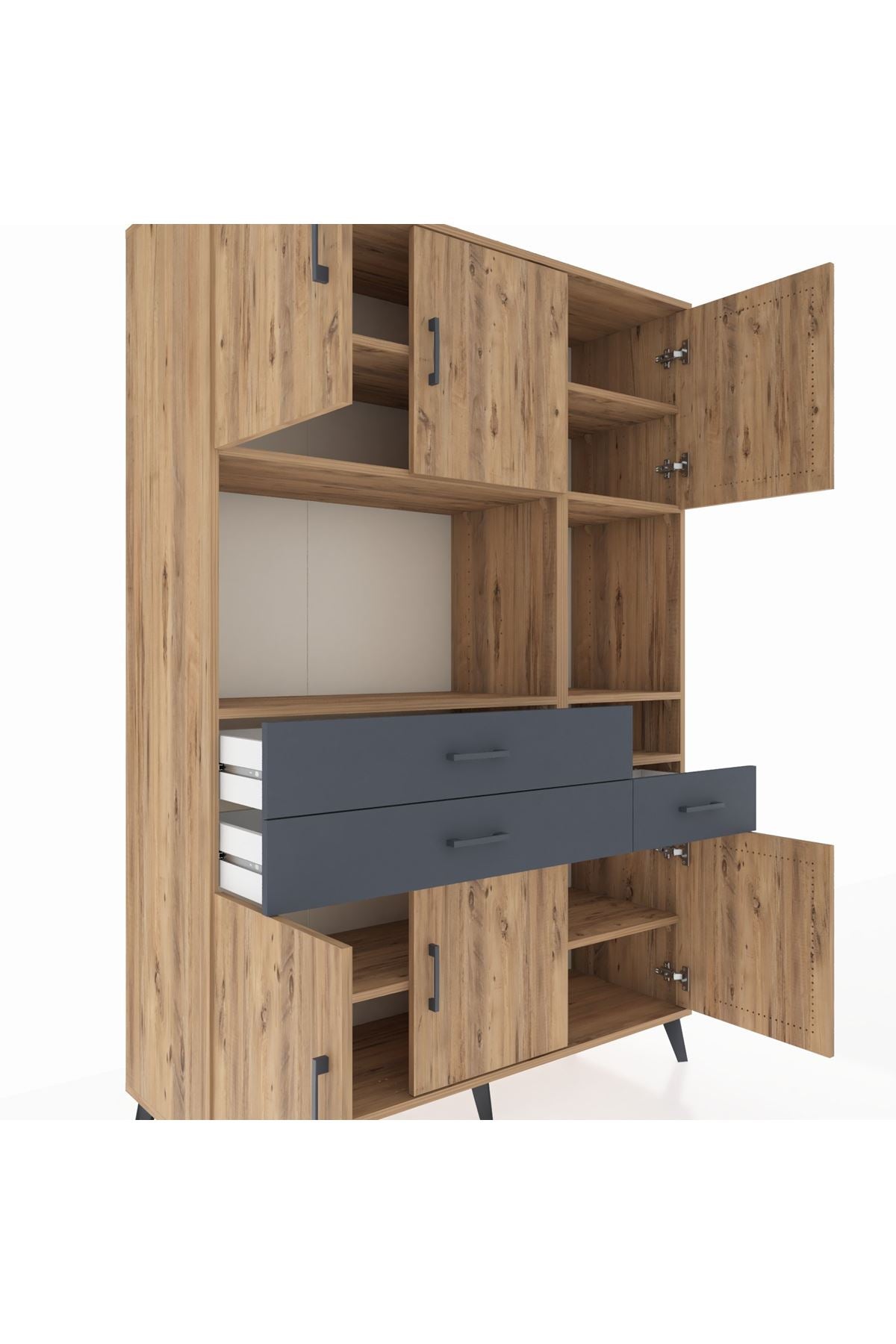 Hyperion Dolap 9 Raflı 3 Çekmeceli 6 Kapaklı 132x44x195 Çam-Çam/Antrasit
