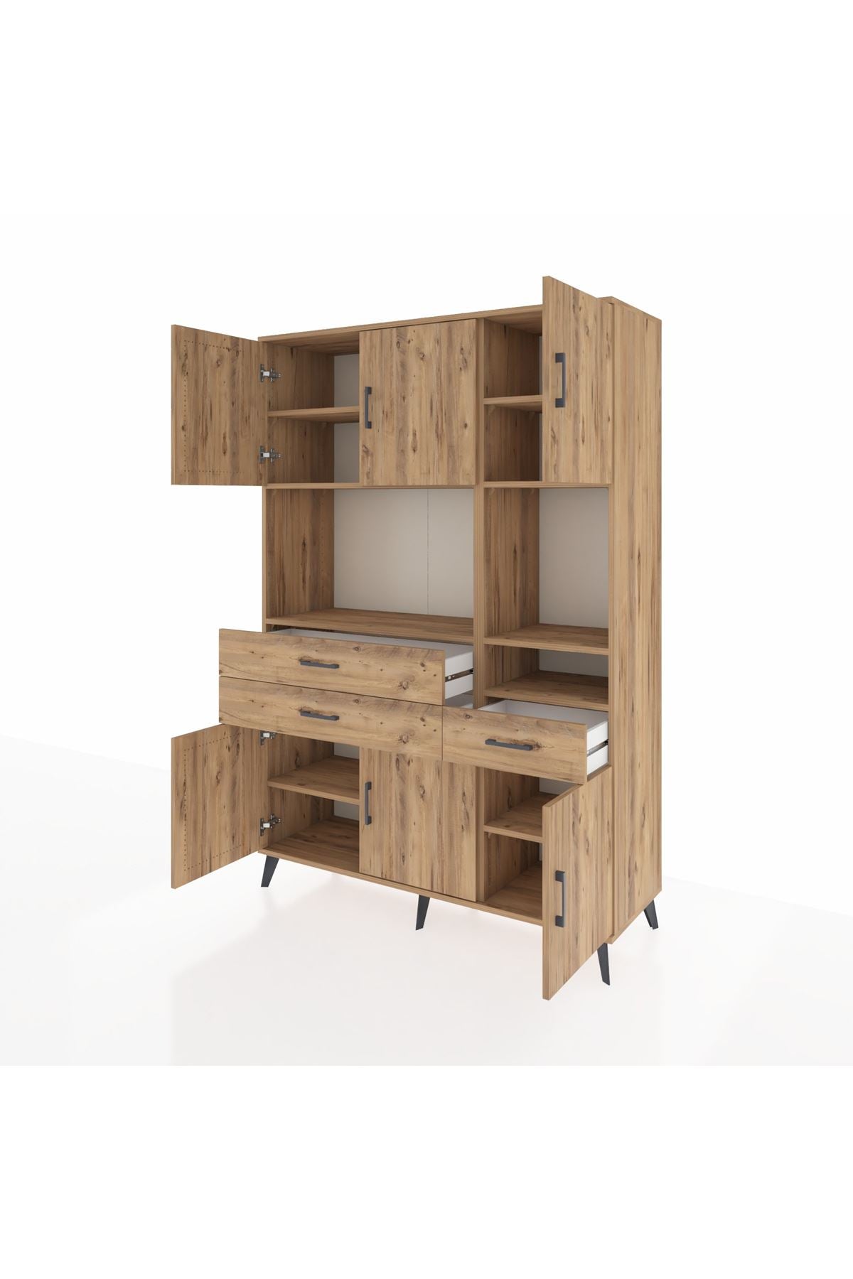 Hyperion Dolap 9 Raflı 3 Çekmeceli 6 Kapaklı 132x44x195 Çam-Çam/Çam