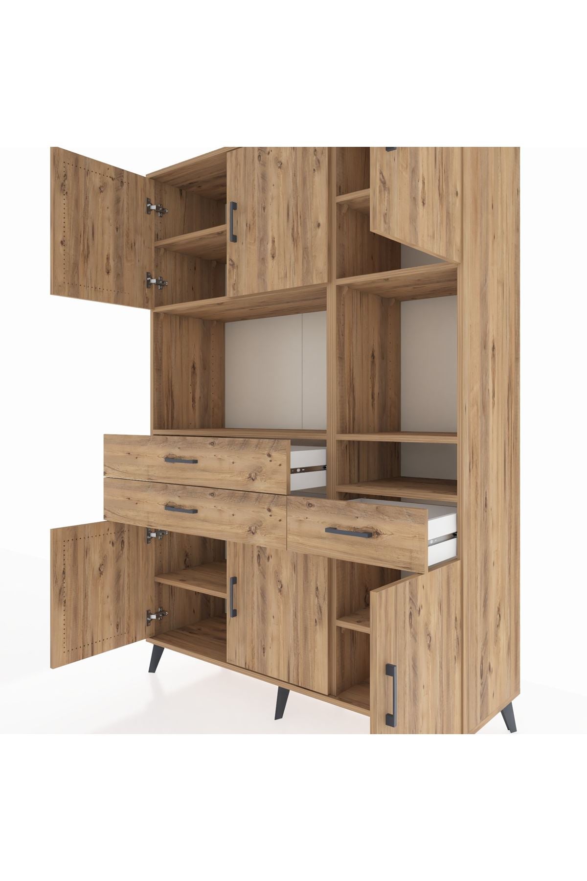 Hyperion Dolap 9 Raflı 3 Çekmeceli 6 Kapaklı 132x44x195 Çam-Çam/Çam