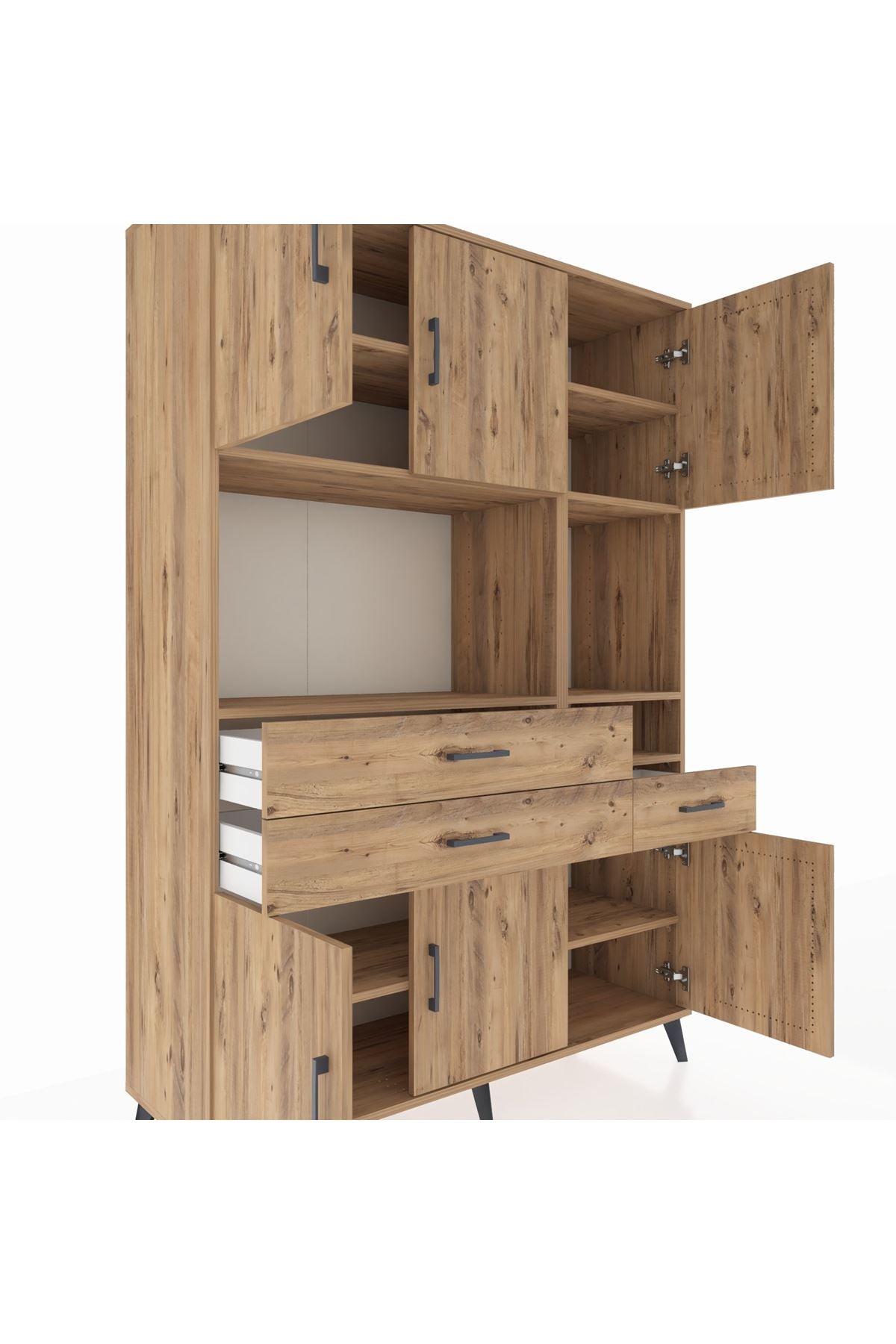 Hyperion Dolap 9 Raflı 3 Çekmeceli 6 Kapaklı 132x44x195 Çam-Çam/Çam