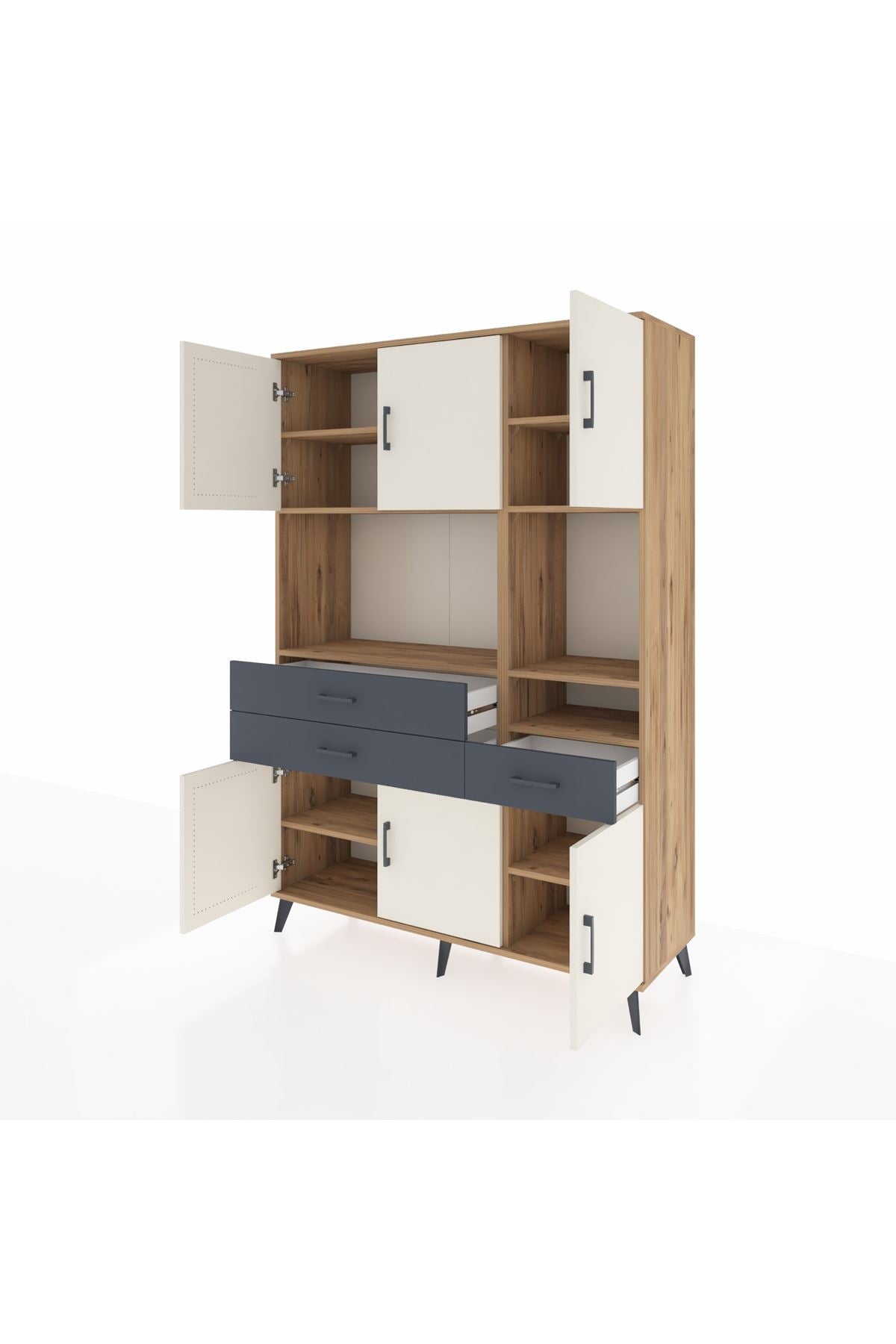 Hyperion Dolap 9 Raflı 3 Çekmeceli 6 Kapaklı 132x44x195 Çam-Aytaşı/Antrasit