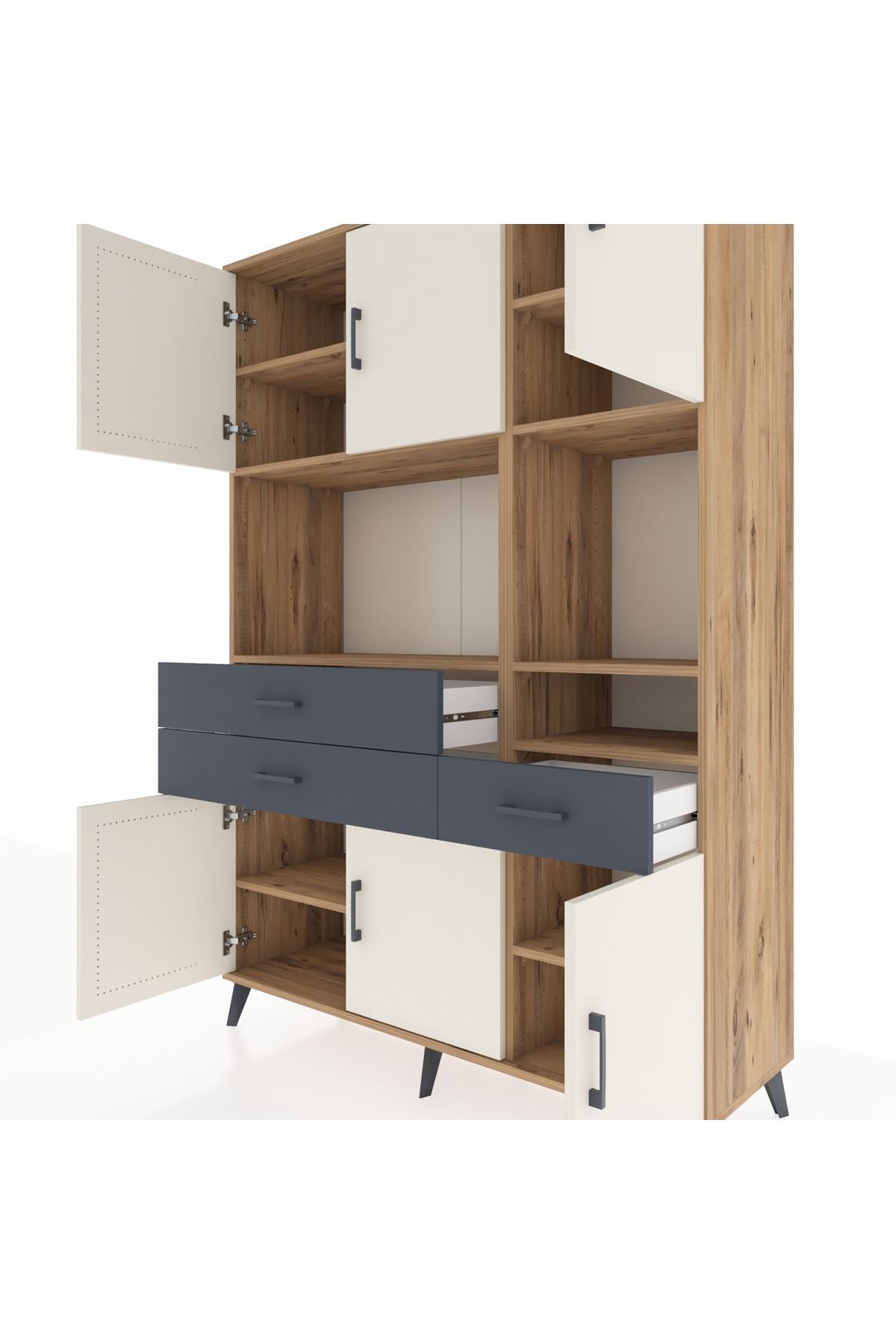 Hyperion Dolap 9 Raflı 3 Çekmeceli 6 Kapaklı 132x44x195 Çam-Aytaşı/Antrasit