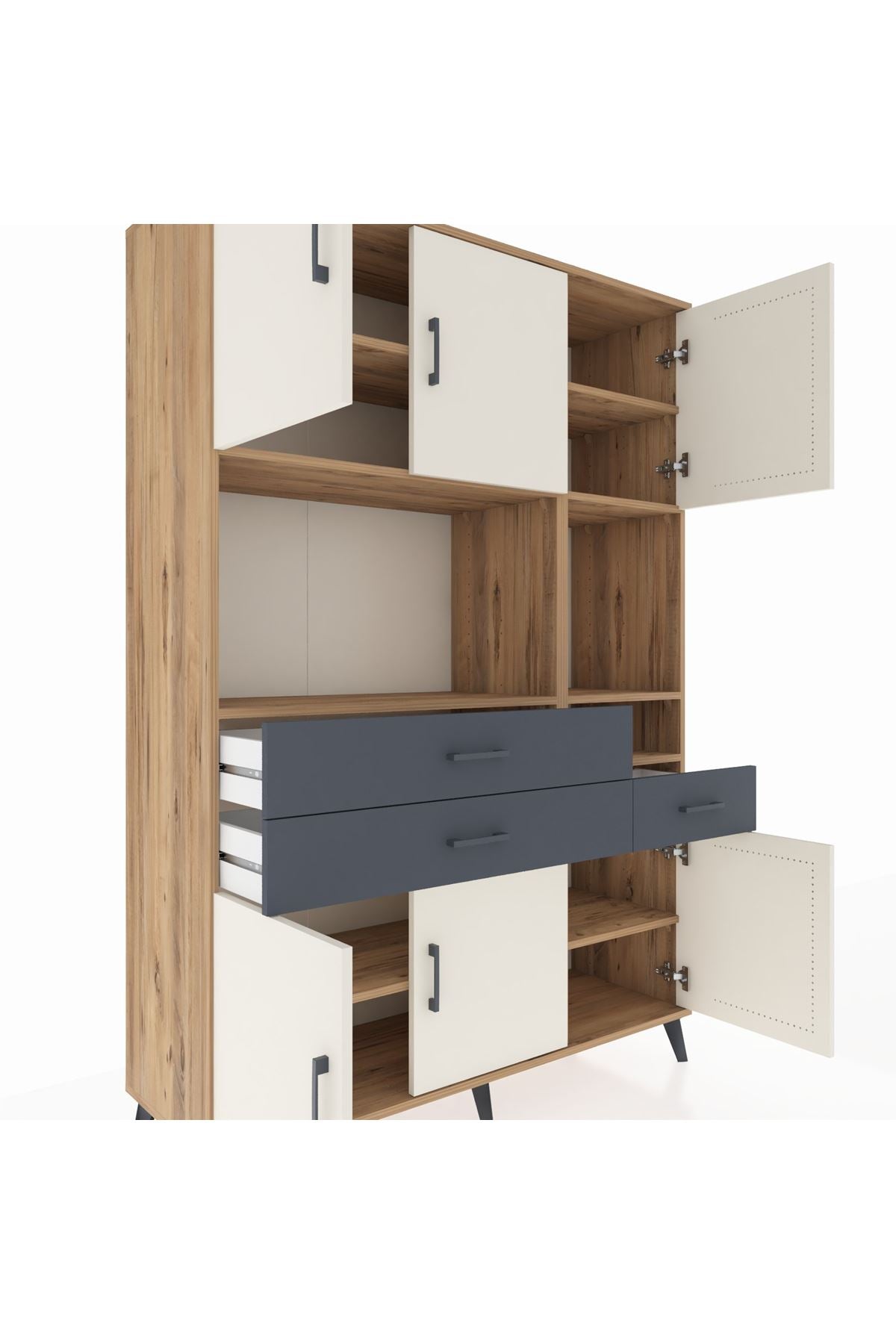 Hyperion Dolap 9 Raflı 3 Çekmeceli 6 Kapaklı 132x44x195 Çam-Aytaşı/Antrasit