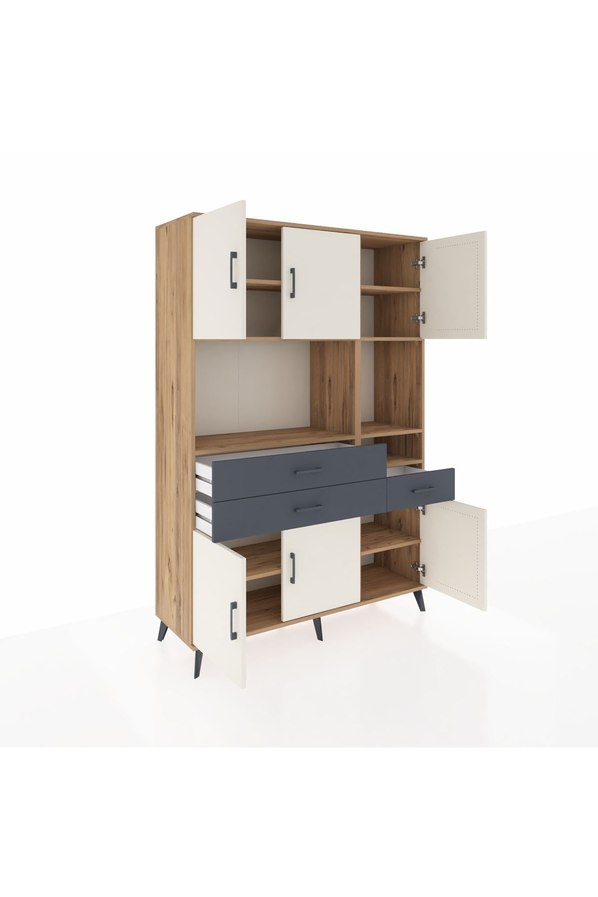 Hyperion Dolap 9 Raflı 3 Çekmeceli 6 Kapaklı 132x44x195 Çam-Aytaşı/Antrasit