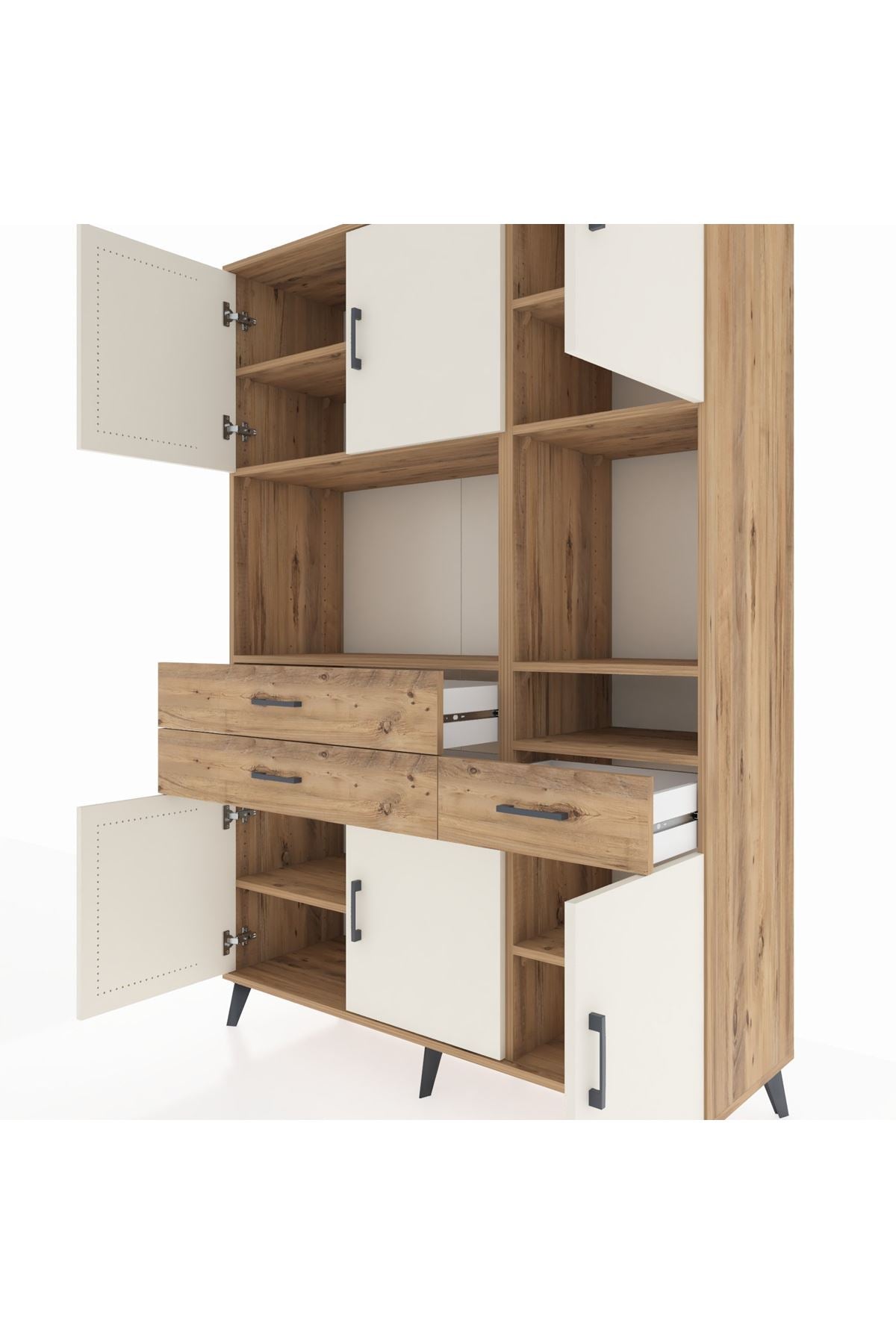 Hyperion Dolap 9 Raflı 3 Çekmeceli 6 Kapaklı 132x44x195 Çam-Aytaşı/Çam