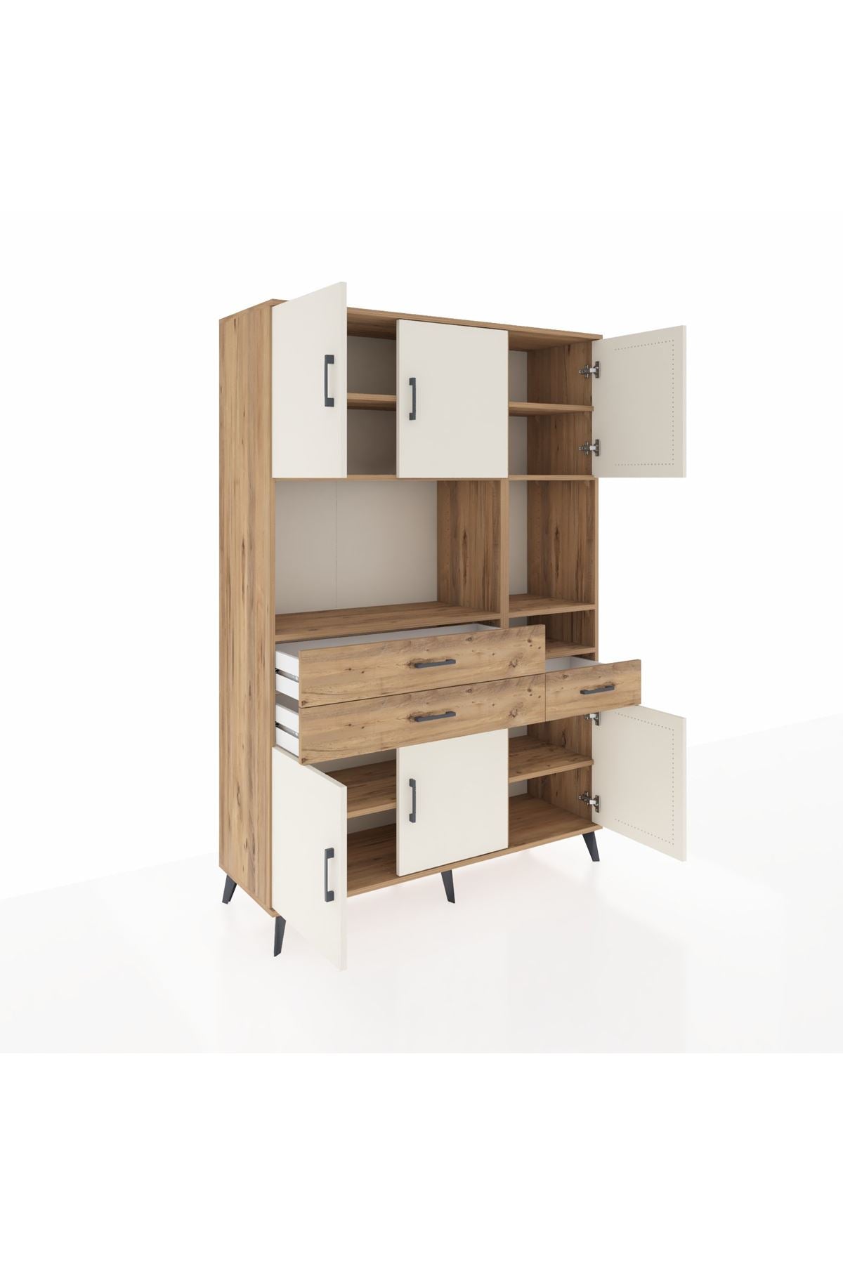 Hyperion Dolap 9 Raflı 3 Çekmeceli 6 Kapaklı 132x44x195 Çam-Aytaşı/Çam