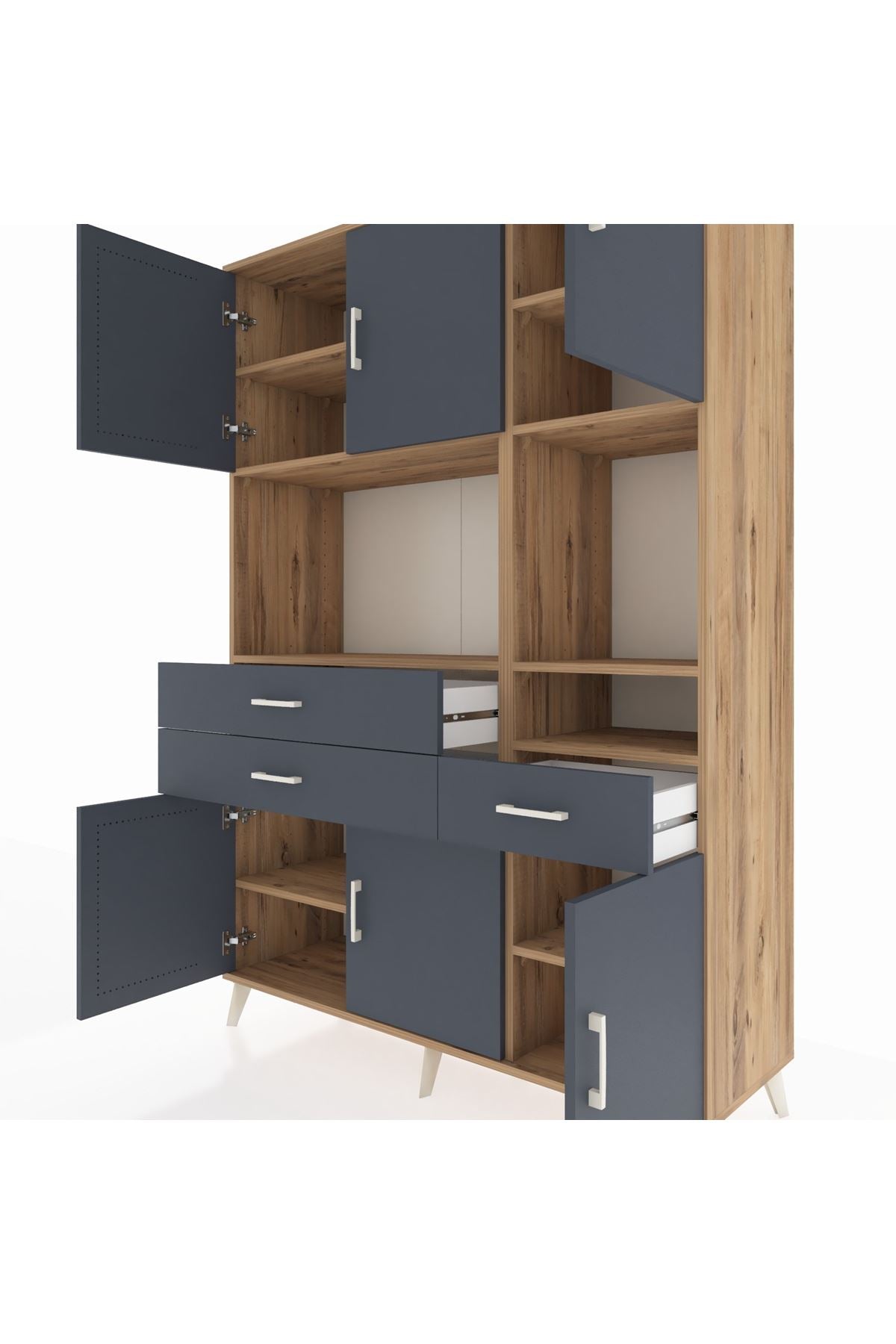 Hyperion Dolap 9 Raflı 3 Çekmeceli 6 Kapaklı 132x44x195 Çam-Antrasit/Antrasit