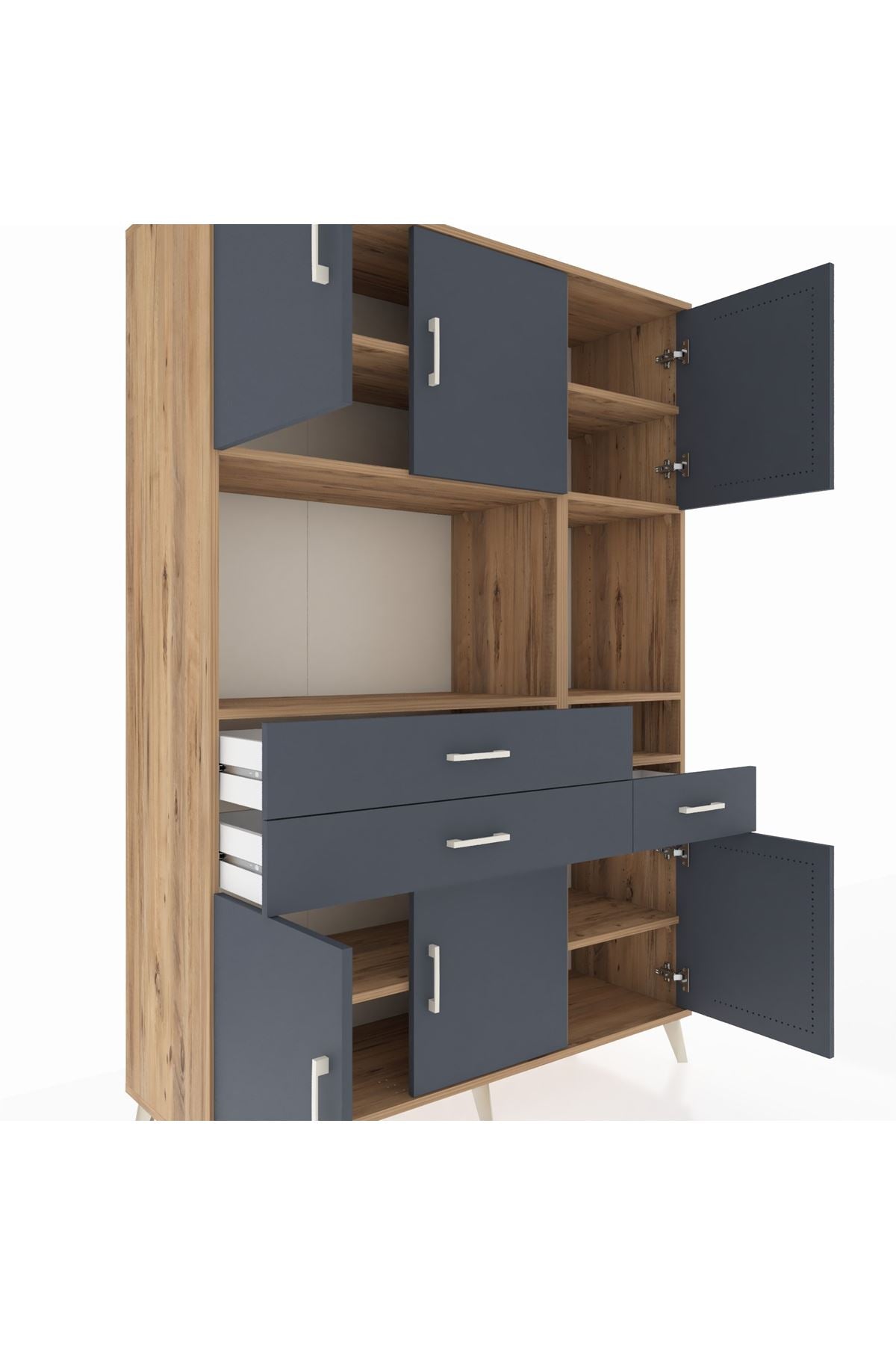 Hyperion Dolap 9 Raflı 3 Çekmeceli 6 Kapaklı 132x44x195 Çam-Antrasit/Antrasit