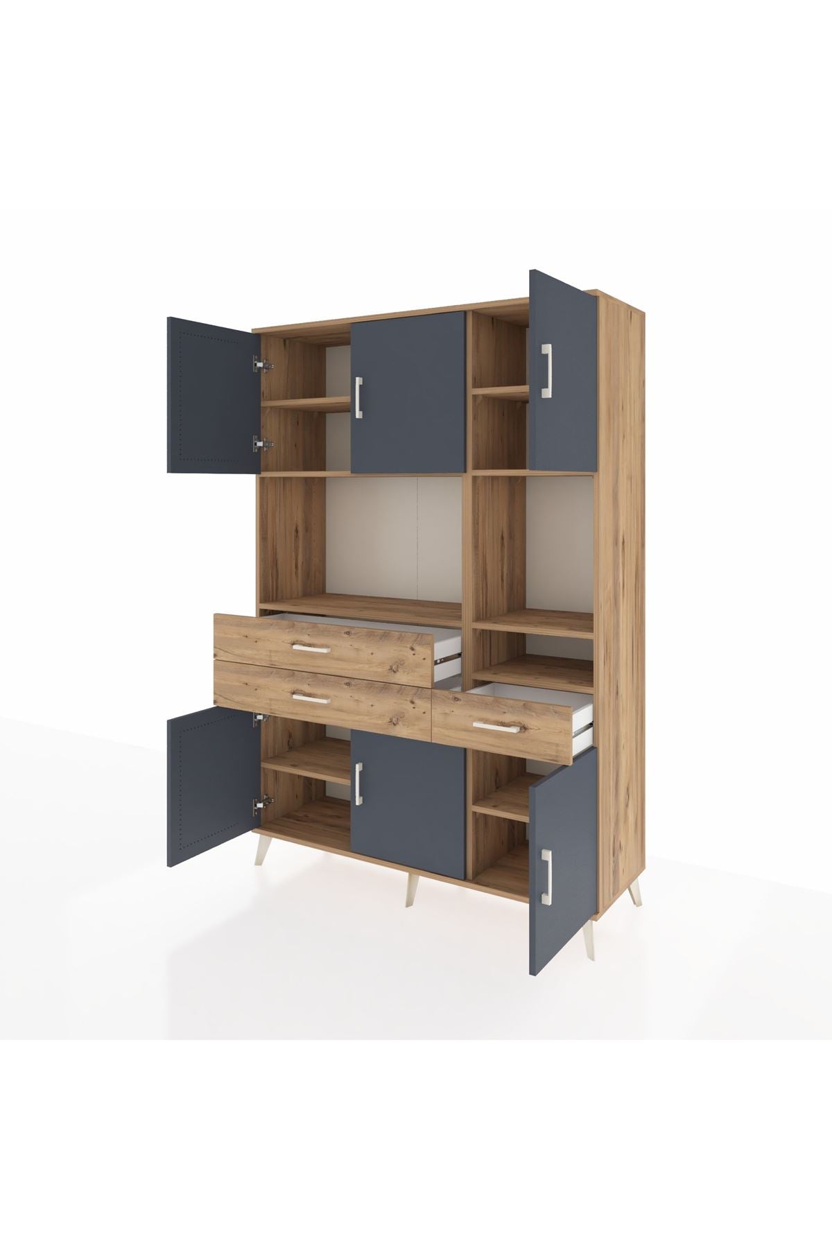 Hyperion Dolap 9 Raflı 3 Çekmeceli 6 Kapaklı 132x44x195 Çam-Antrasit/Çam