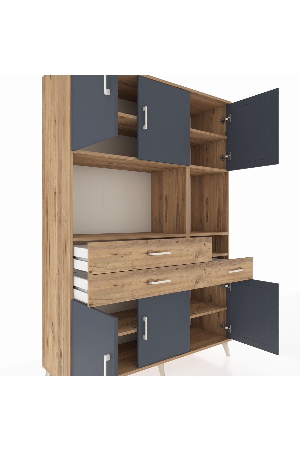 Hyperion Dolap 9 Raflı 3 Çekmeceli 6 Kapaklı 132x44x195 Çam-Antrasit/Çam