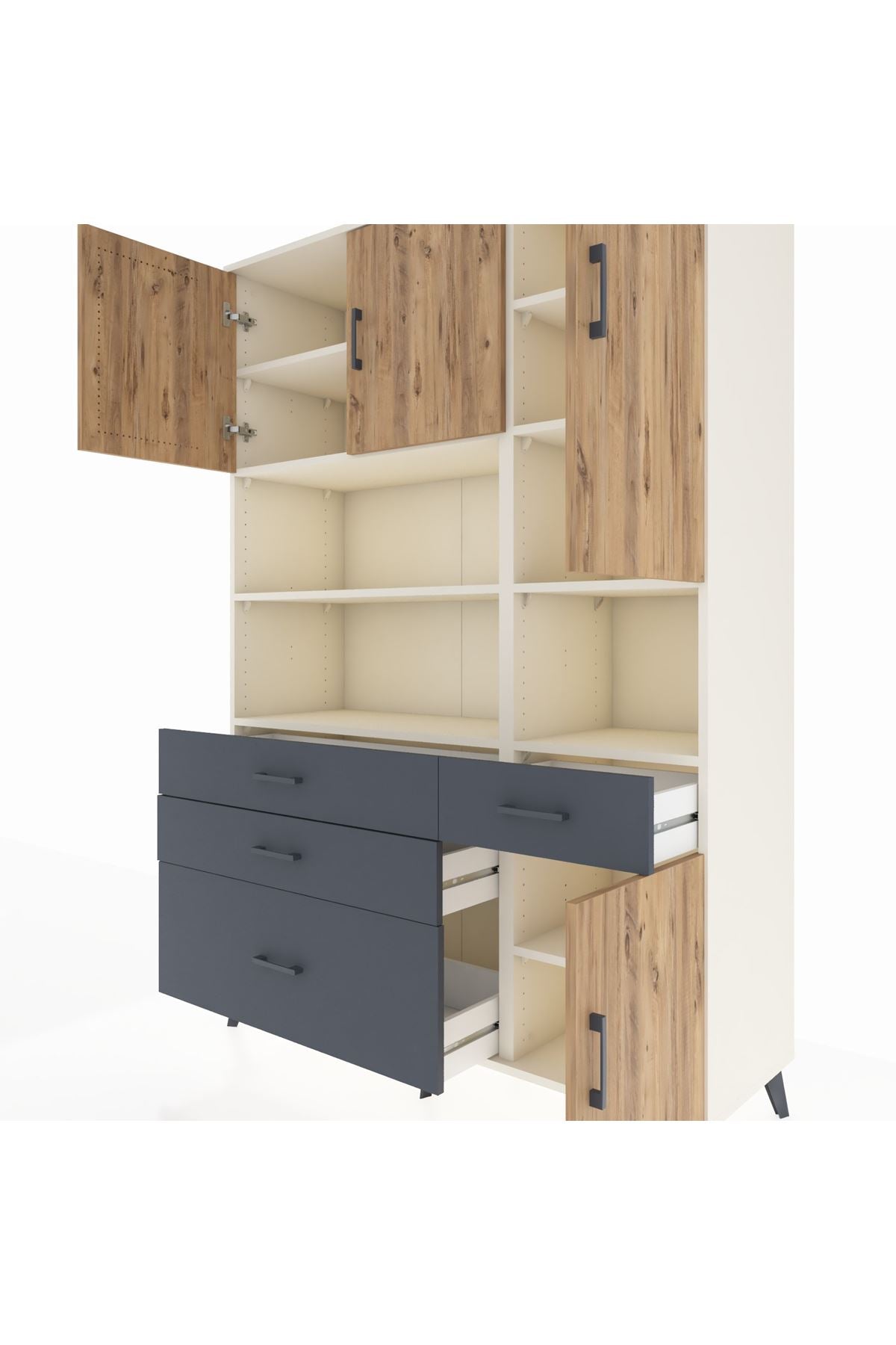 Hyperion Dolap 9 Raflı 4 Çekmeceli 4 Kapaklı 132x44x195 Aytaşı-Çam/Antrasit