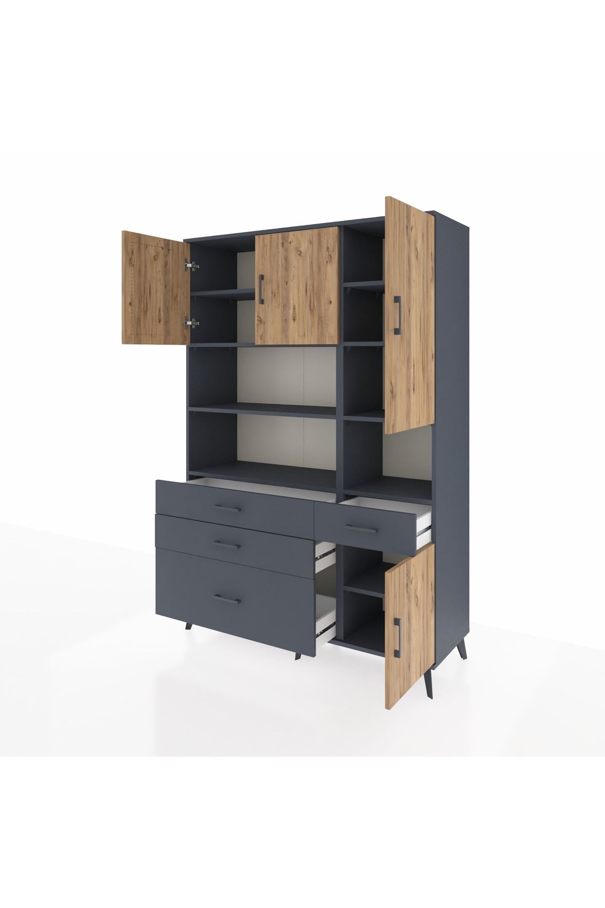 Hyperion Dolap 9 Raflı 4 Çekmeceli 4 Kapaklı 132x44x195 Antrasit-Çam/Antrasit