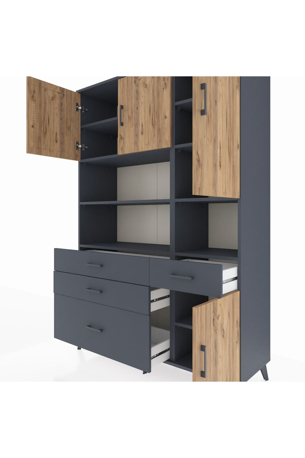 Hyperion Dolap 9 Raflı 4 Çekmeceli 4 Kapaklı 132x44x195 Antrasit-Çam/Antrasit