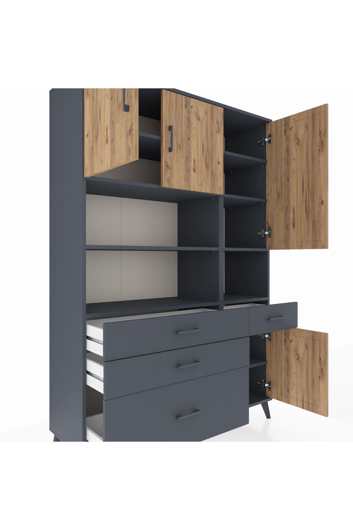 Hyperion Dolap 9 Raflı 4 Çekmeceli 4 Kapaklı 132x44x195 Antrasit-Çam/Antrasit