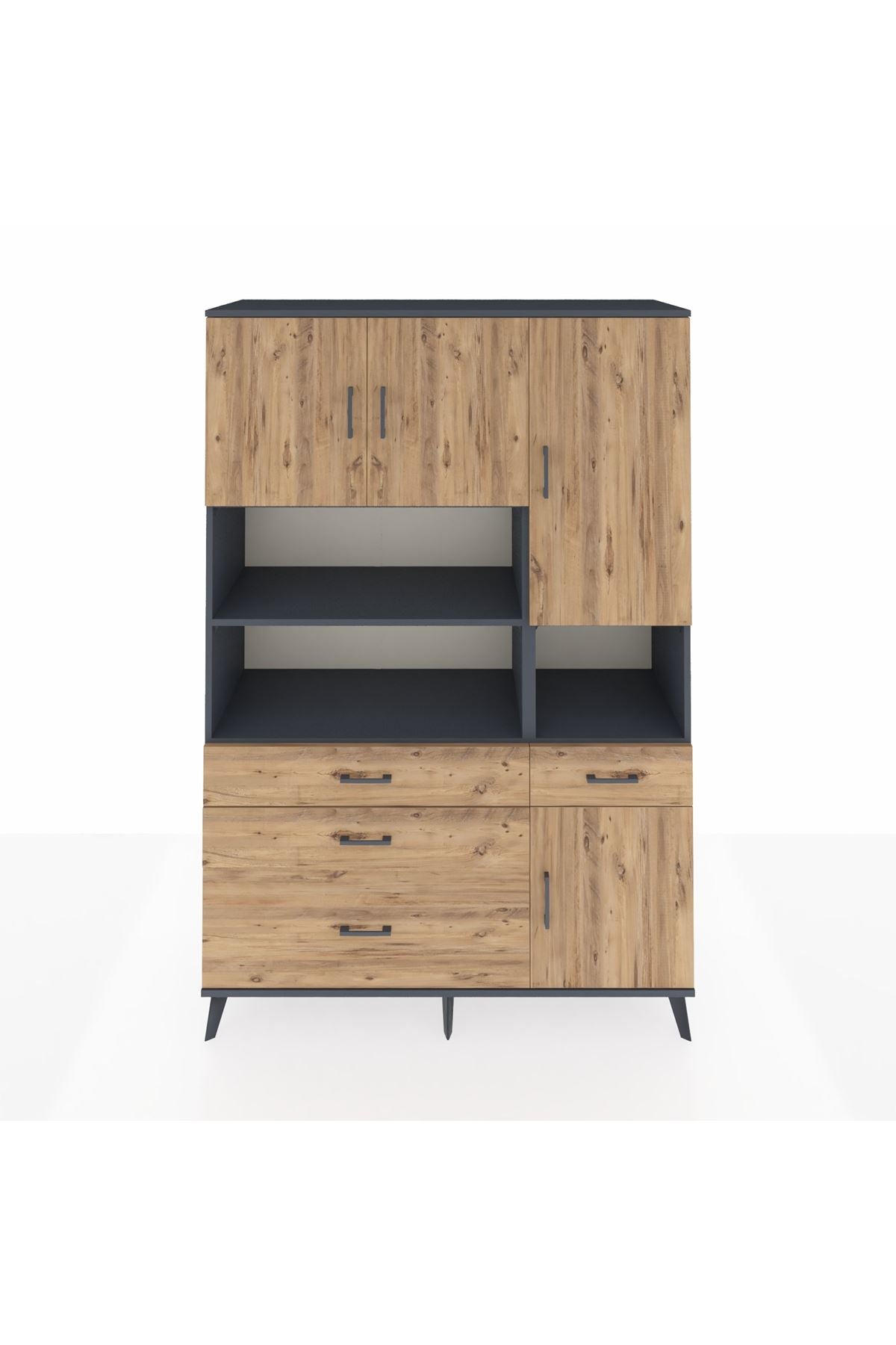 Hyperion Dolap 9 Raflı 4 Çekmeceli 4 Kapaklı 132x44x195 Antrasit-Çam/Çam