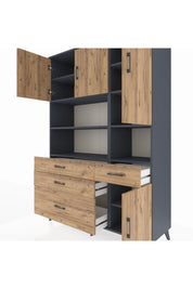Hyperion Dolap 9 Raflı 4 Çekmeceli 4 Kapaklı 132x44x195 Antrasit-Çam/Çam