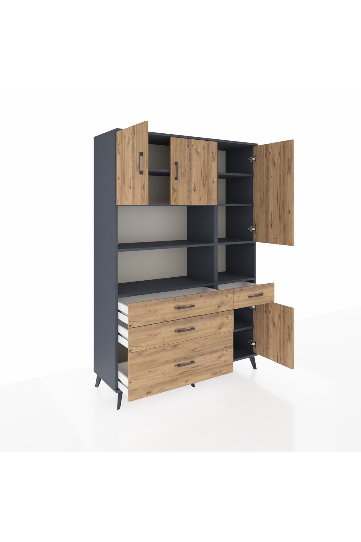 Hyperion Dolap 9 Raflı 4 Çekmeceli 4 Kapaklı 132x44x195 Antrasit-Çam/Çam