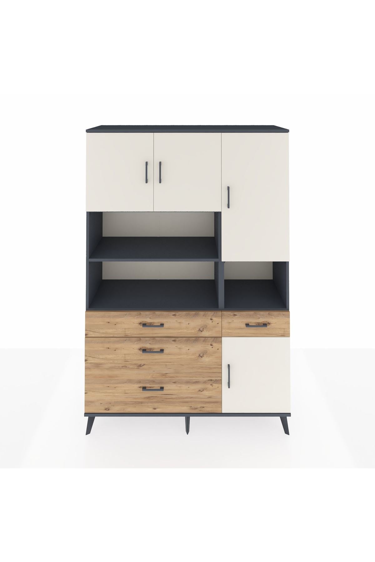 Hyperion Dolap 9 Raflı 4 Çekmeceli 4 Kapaklı 132x44x195 Antrasit-Aytaşı/Çam