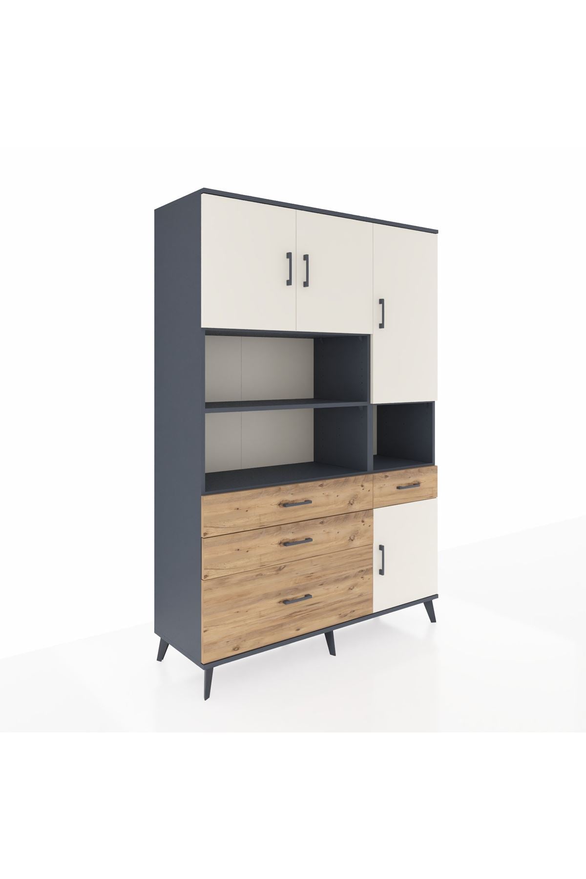 Hyperion Dolap 9 Raflı 4 Çekmeceli 4 Kapaklı 132x44x195 Antrasit-Aytaşı/Çam