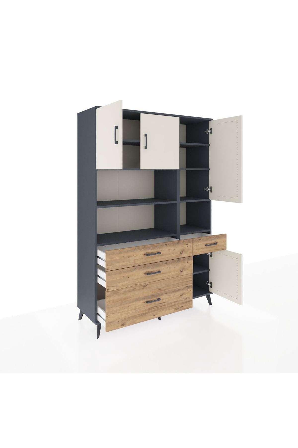 Hyperion Dolap 9 Raflı 4 Çekmeceli 4 Kapaklı 132x44x195 Antrasit-Aytaşı/Çam