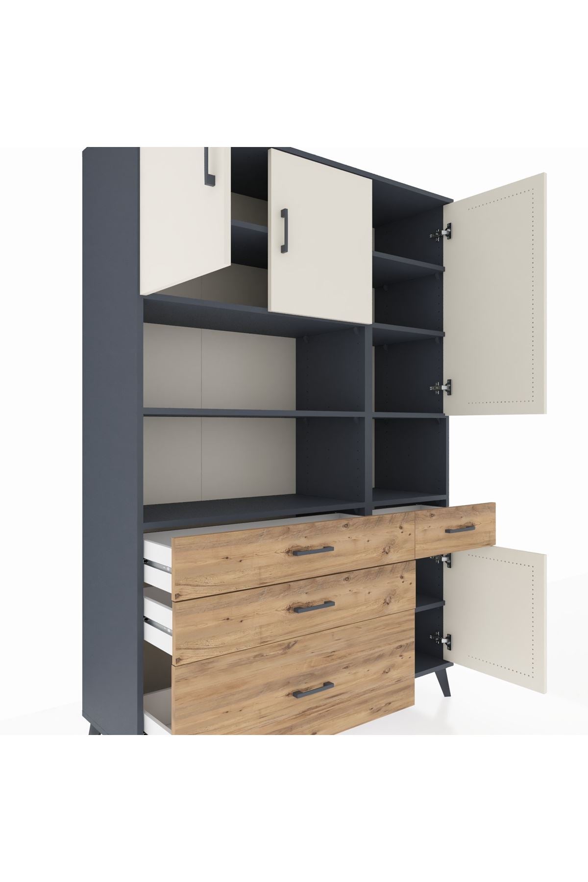 Hyperion Dolap 9 Raflı 4 Çekmeceli 4 Kapaklı 132x44x195 Antrasit-Aytaşı/Çam