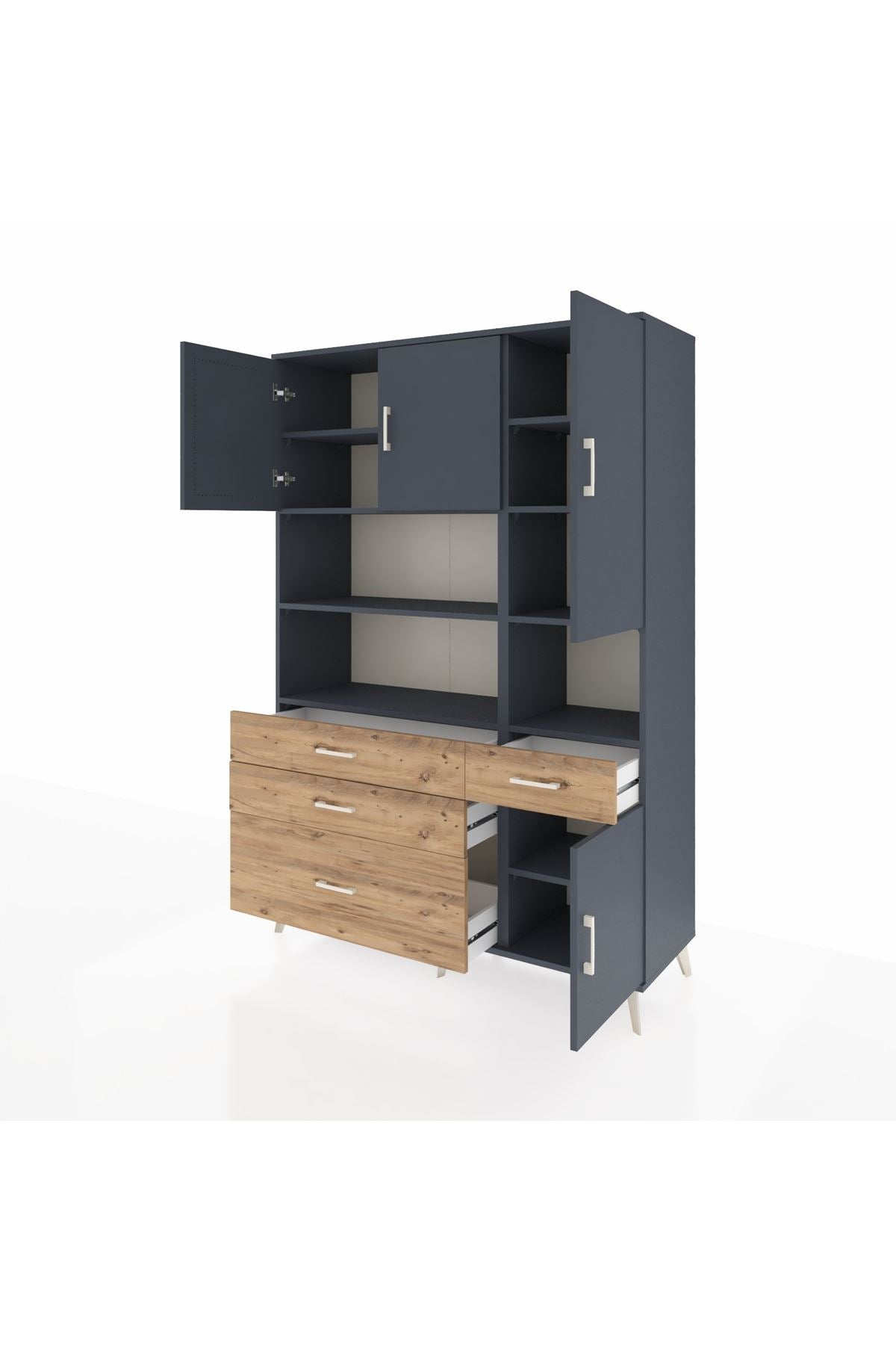 Hyperion Dolap 9 Raflı 4 Çekmeceli 4 Kapaklı 132x44x195 Antrasit-Antrasit/Çam