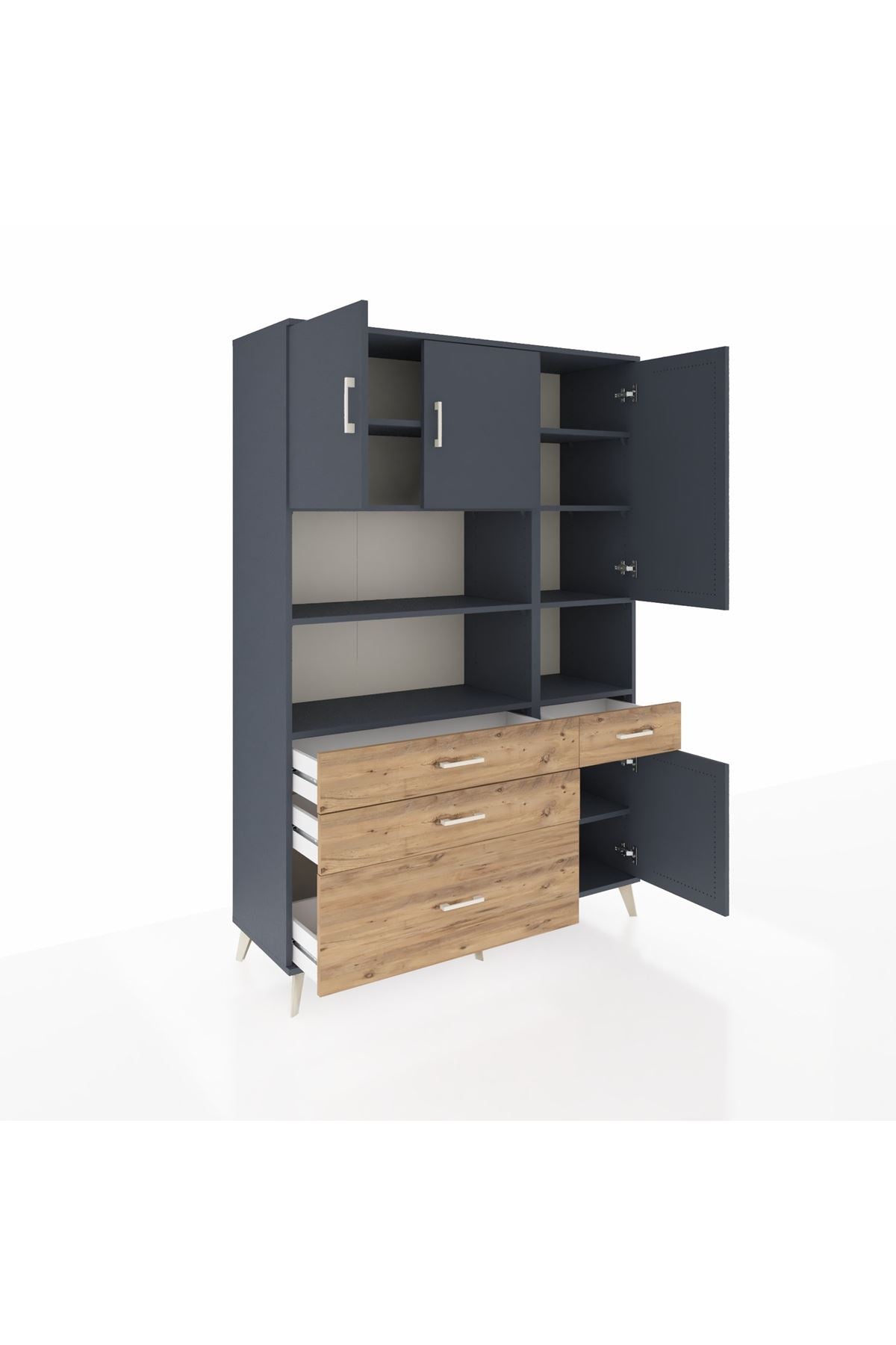 Hyperion Dolap 9 Raflı 4 Çekmeceli 4 Kapaklı 132x44x195 Antrasit-Antrasit/Çam