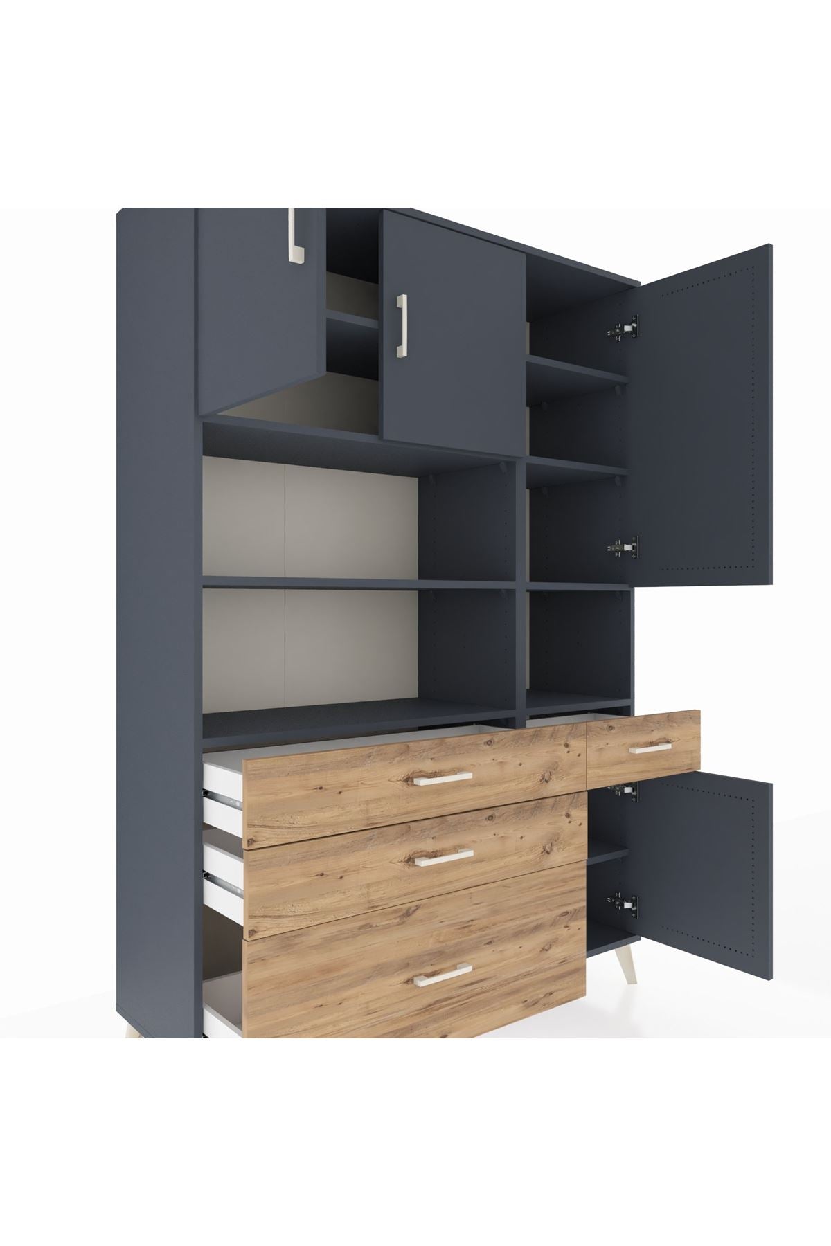 Hyperion Dolap 9 Raflı 4 Çekmeceli 4 Kapaklı 132x44x195 Antrasit-Antrasit/Çam