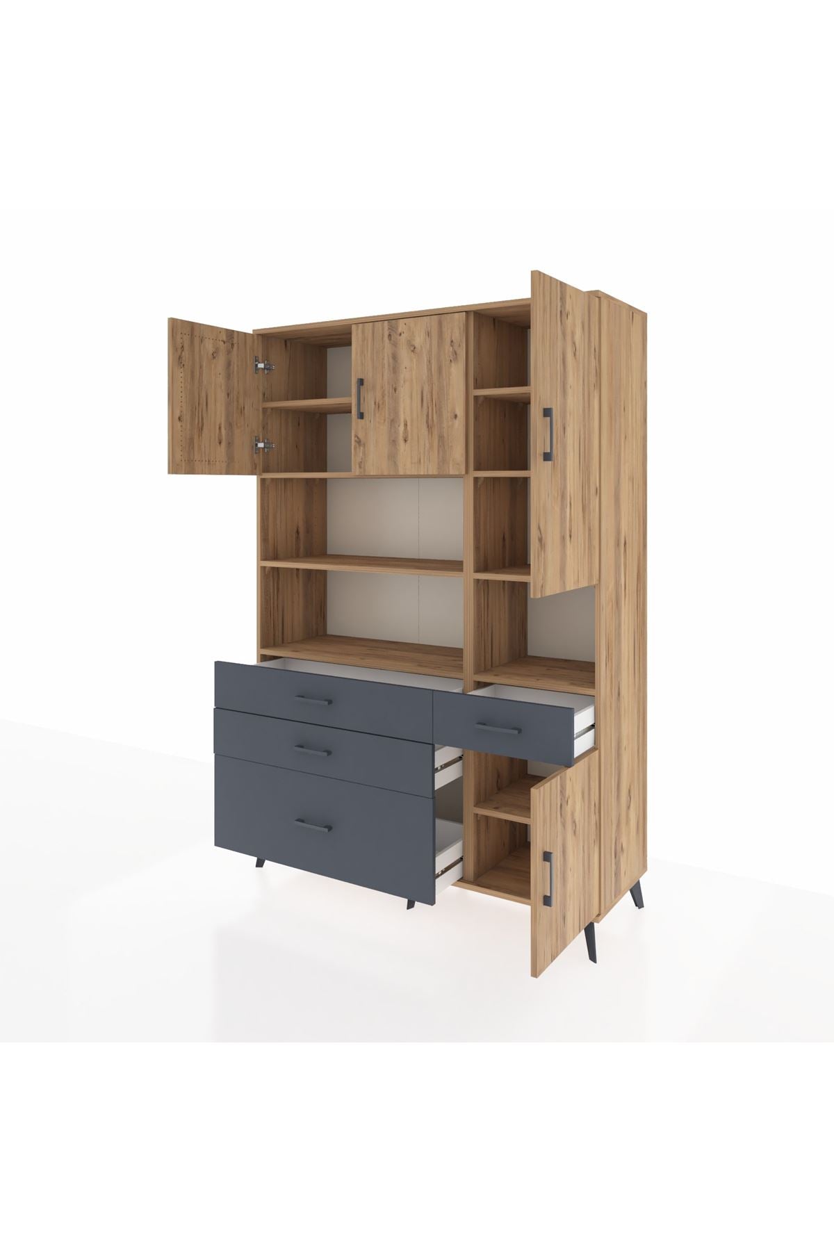 Hyperion Dolap 9 Raflı 4 Çekmeceli 4 Kapaklı 132x44x195 Çam-Çam/Antrasit