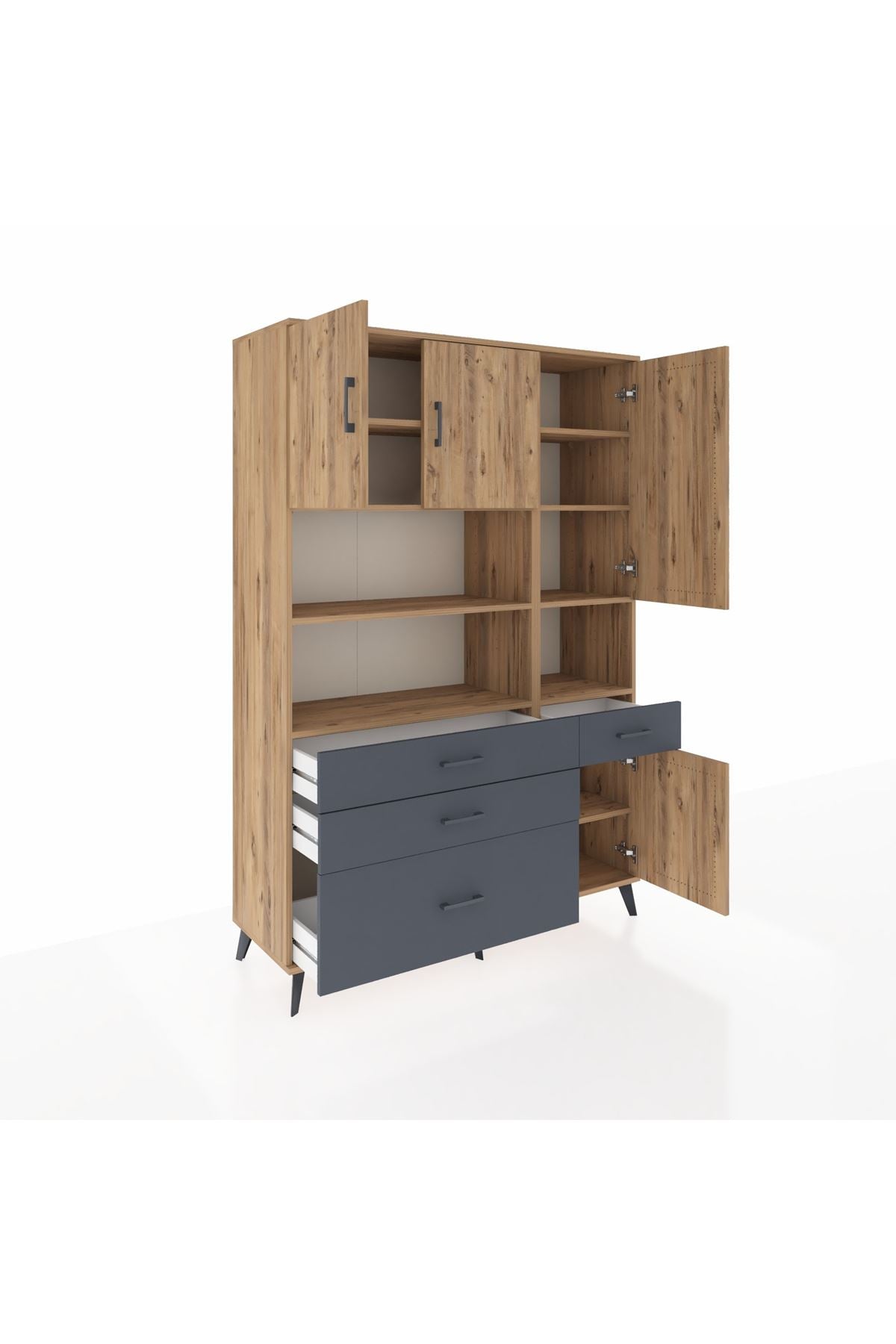 Hyperion Dolap 9 Raflı 4 Çekmeceli 4 Kapaklı 132x44x195 Çam-Çam/Antrasit