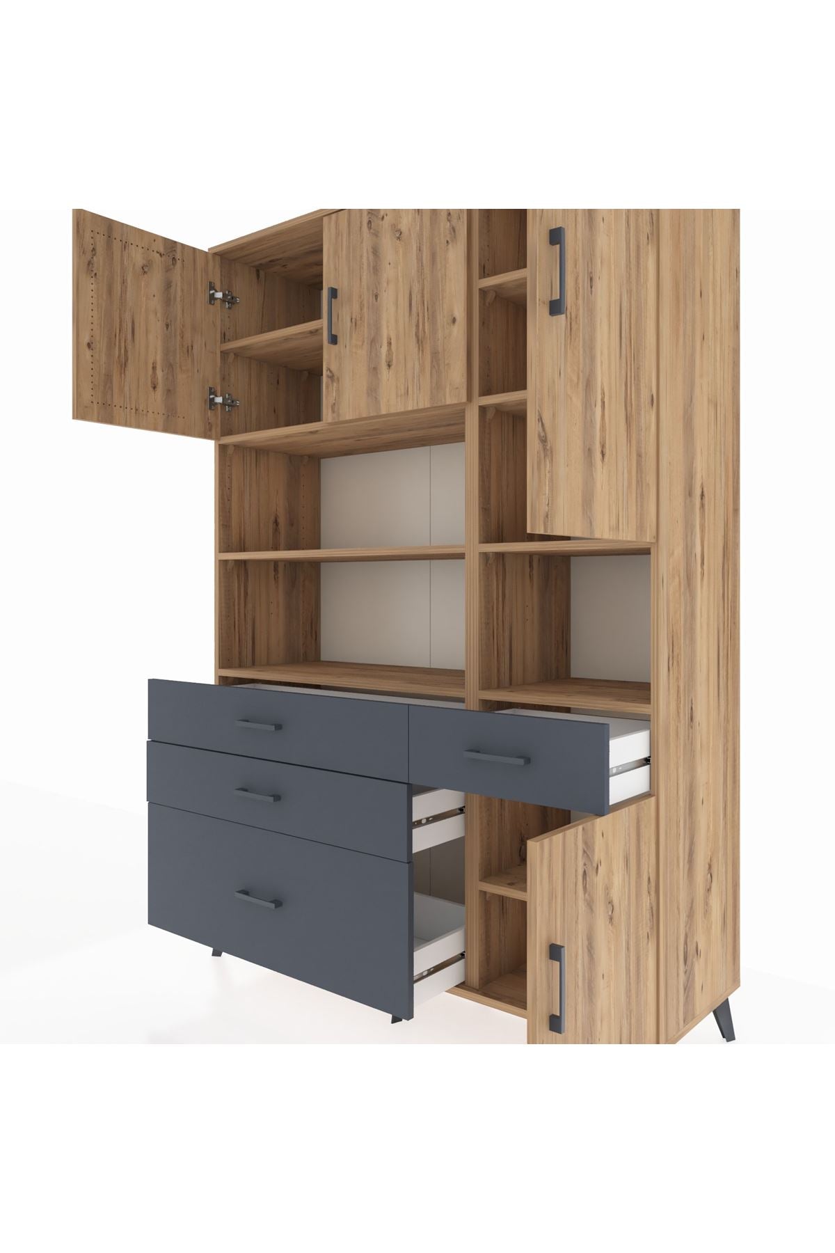 Hyperion Dolap 9 Raflı 4 Çekmeceli 4 Kapaklı 132x44x195 Çam-Çam/Antrasit