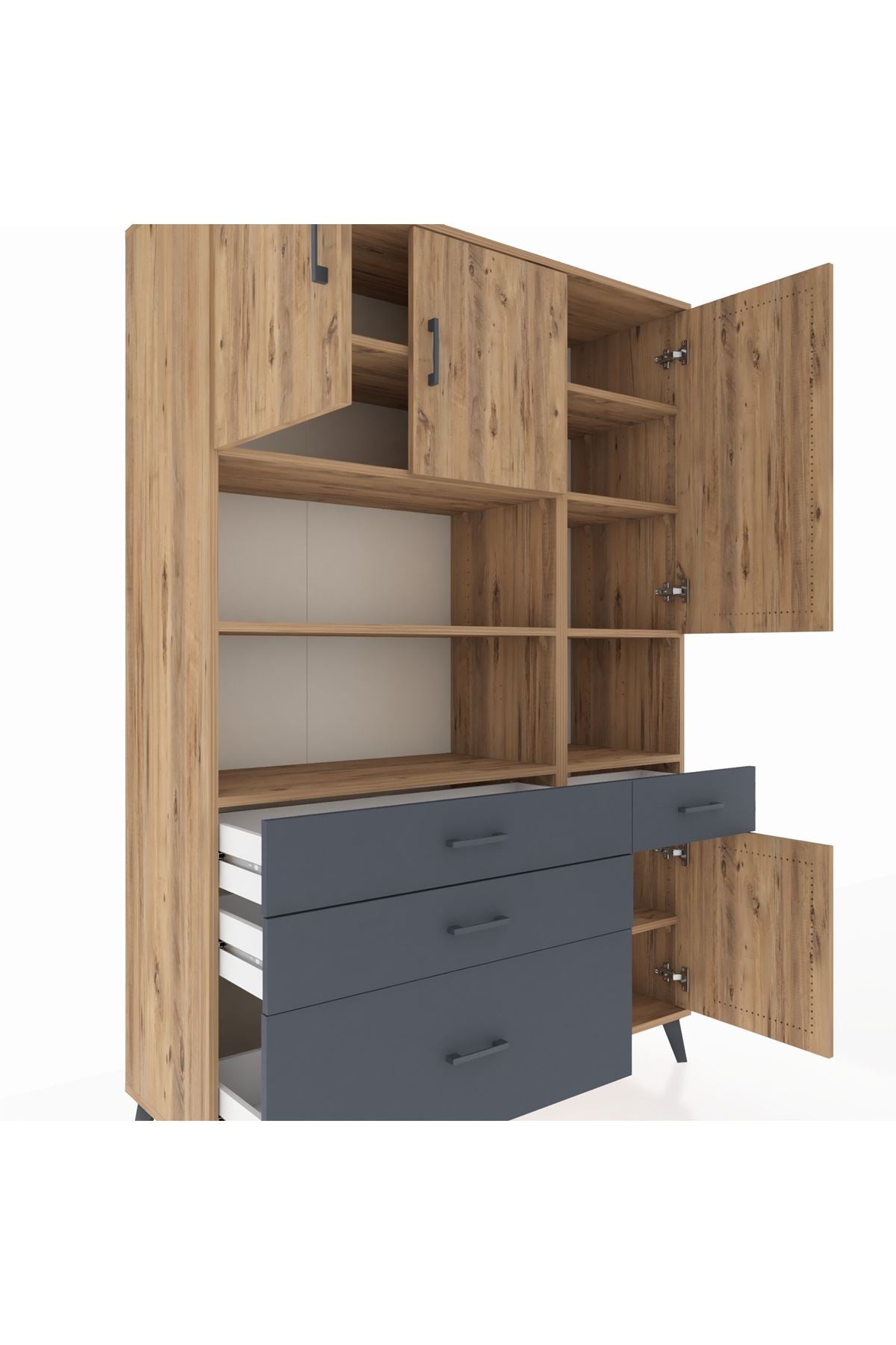 Hyperion Dolap 9 Raflı 4 Çekmeceli 4 Kapaklı 132x44x195 Çam-Çam/Antrasit