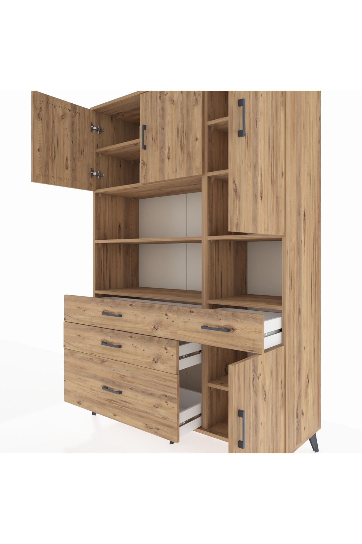 Hyperion Dolap 9 Raflı 4 Çekmeceli 4 Kapaklı 132x44x195 Çam-Çam/Çam