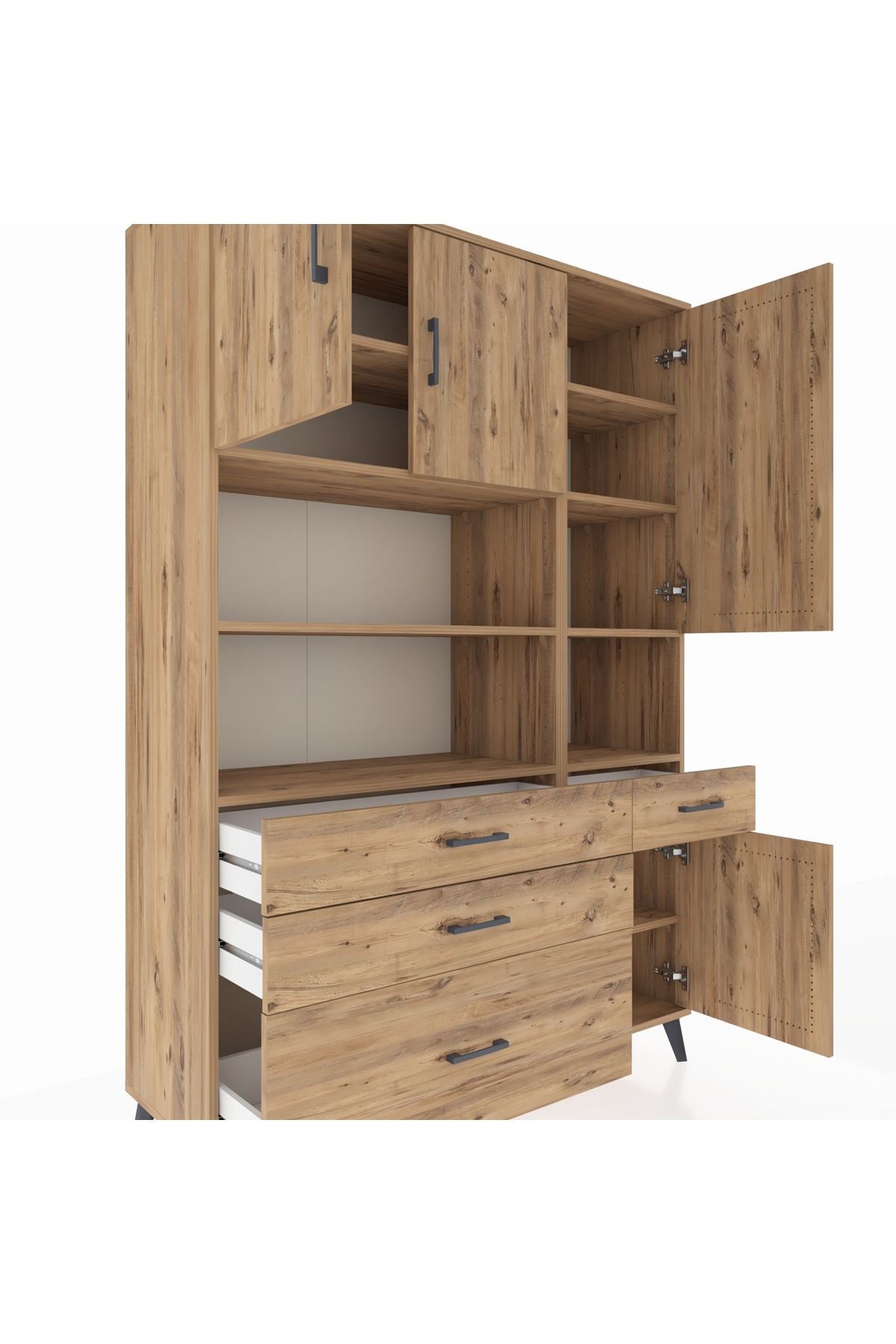 Hyperion Dolap 9 Raflı 4 Çekmeceli 4 Kapaklı 132x44x195 Çam-Çam/Çam