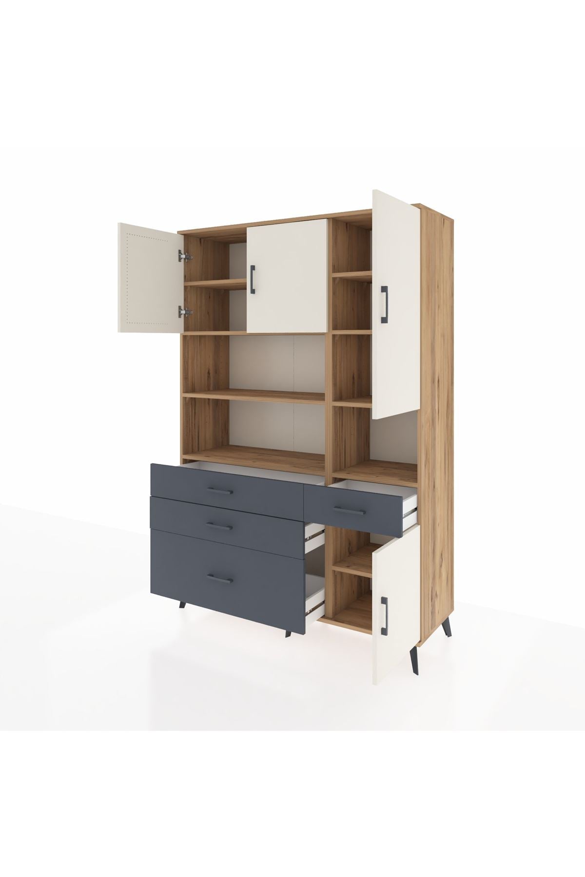 Hyperion Dolap 9 Raflı 4 Çekmeceli 4 Kapaklı 132x44x195 Çam-Aytaşı/Antrasit