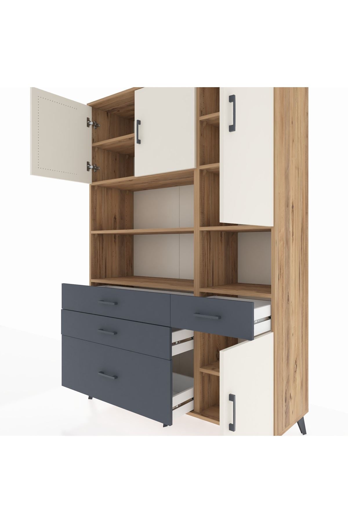 Hyperion Dolap 9 Raflı 4 Çekmeceli 4 Kapaklı 132x44x195 Çam-Aytaşı/Antrasit