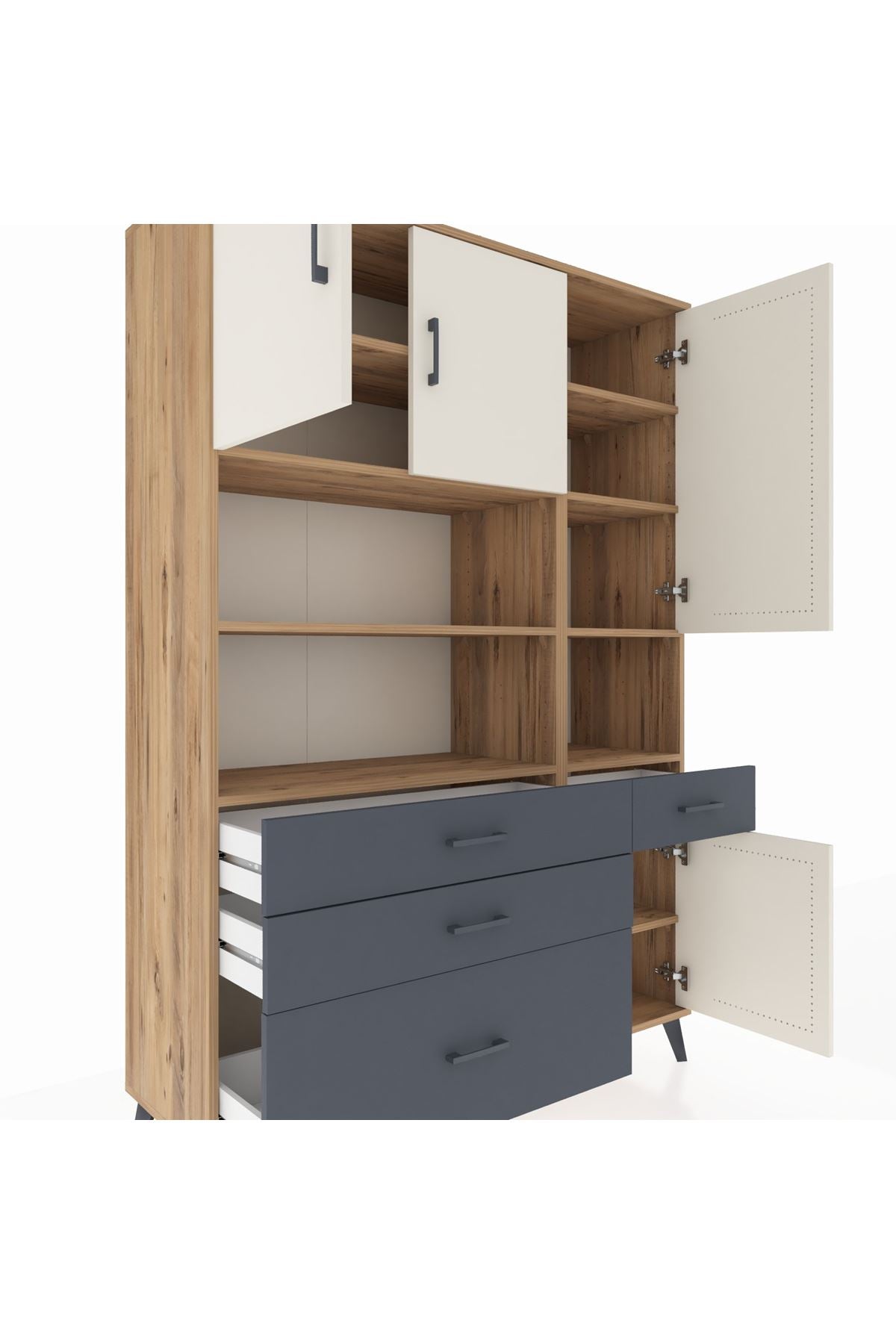 Hyperion Dolap 9 Raflı 4 Çekmeceli 4 Kapaklı 132x44x195 Çam-Aytaşı/Antrasit