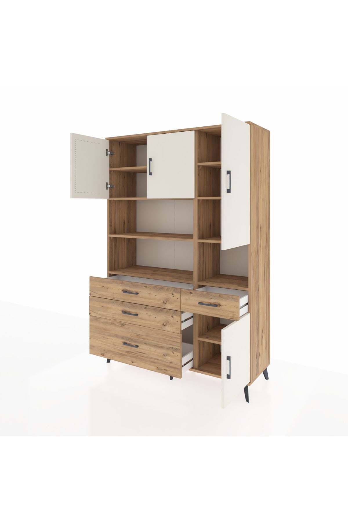 Hyperion Dolap 9 Raflı 4 Çekmeceli 4 Kapaklı 132x44x195 Çam-Aytaşı/Çam