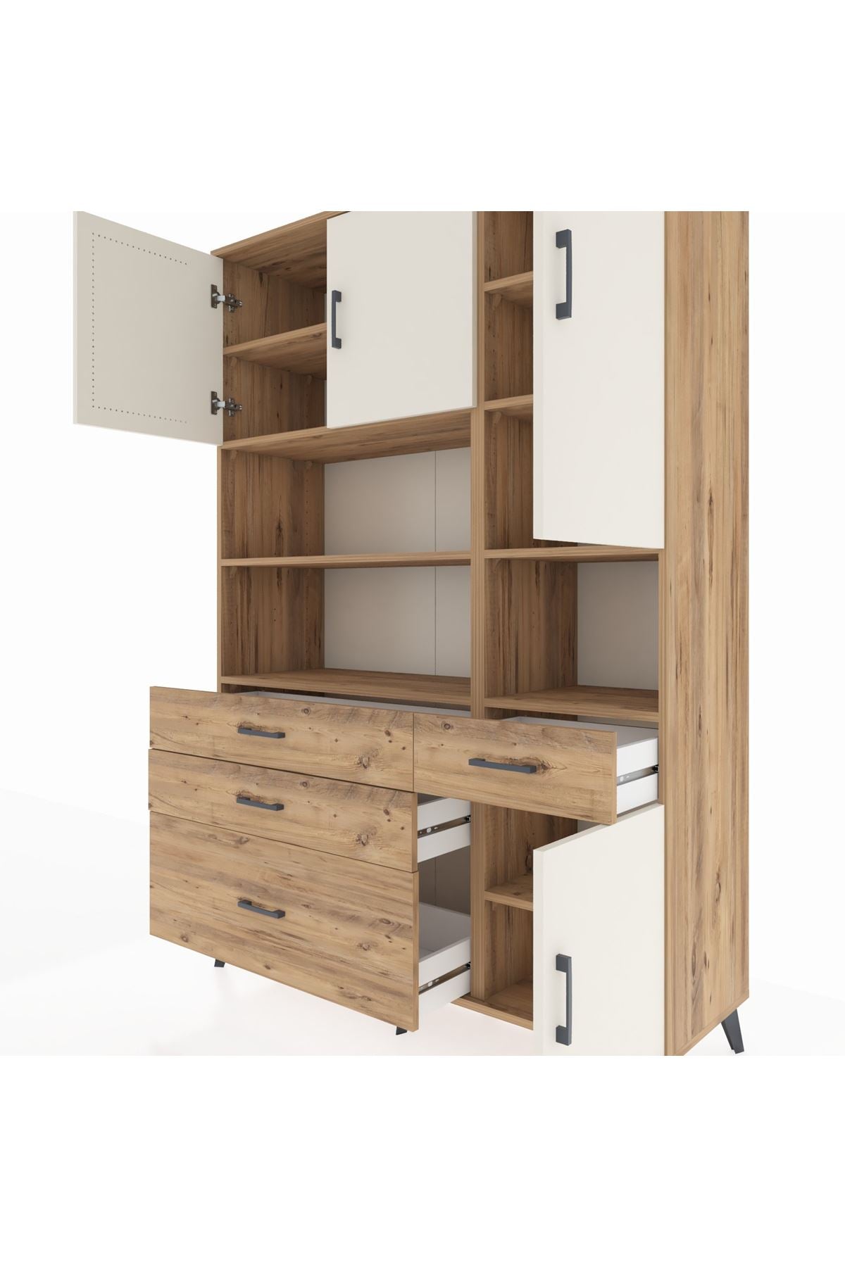 Hyperion Dolap 9 Raflı 4 Çekmeceli 4 Kapaklı 132x44x195 Çam-Aytaşı/Çam