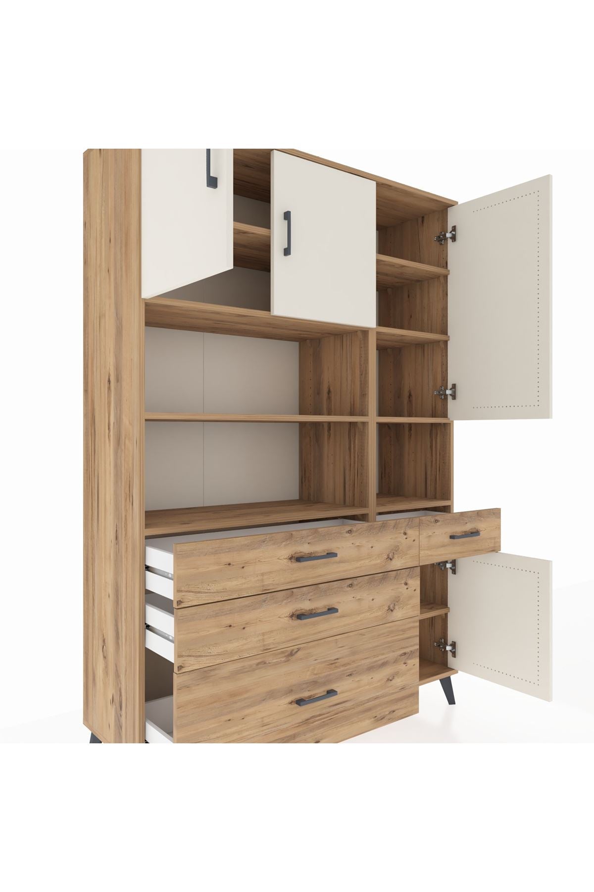 Hyperion Dolap 9 Raflı 4 Çekmeceli 4 Kapaklı 132x44x195 Çam-Aytaşı/Çam
