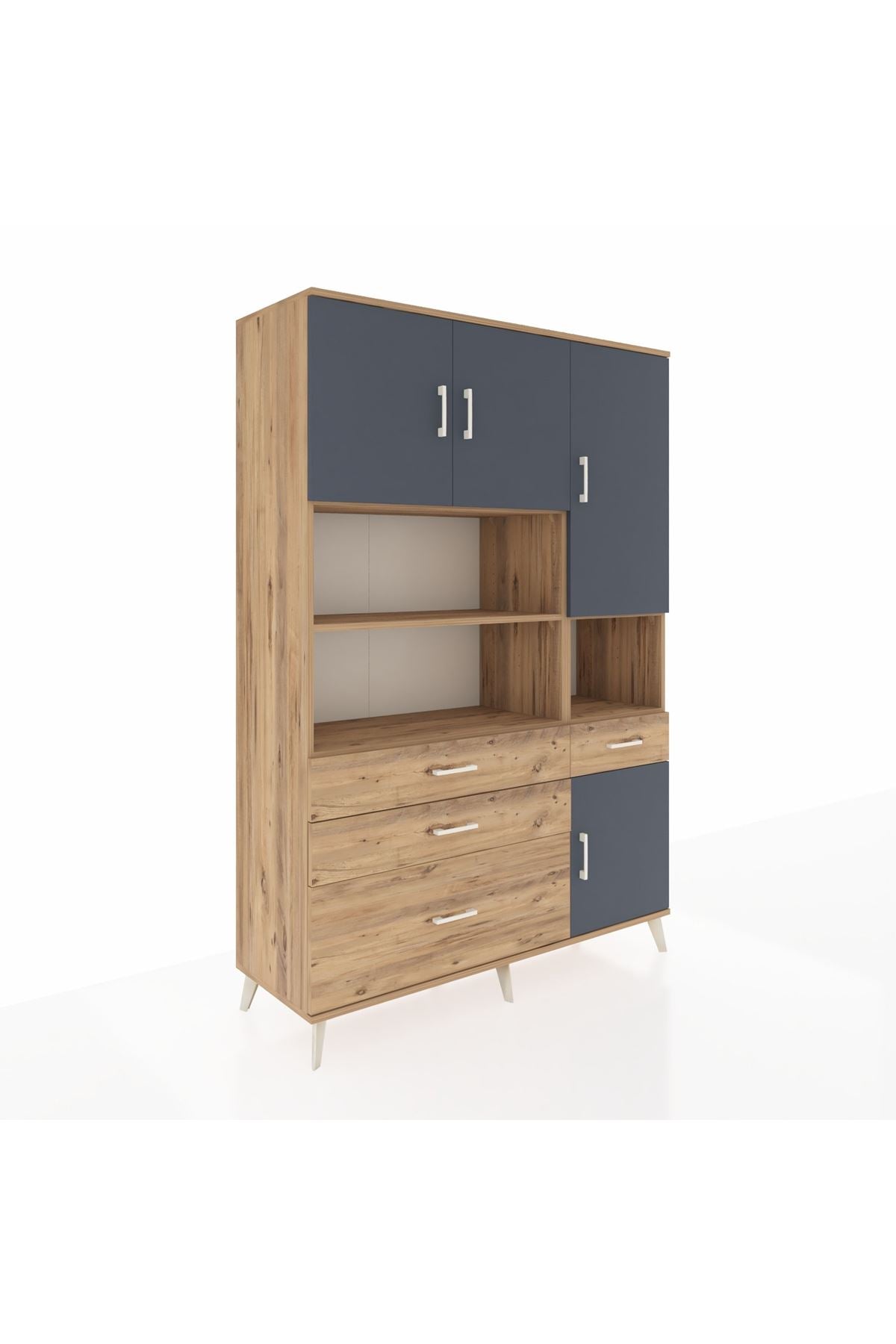 Hyperion Dolap 9 Raflı 4 Çekmeceli 4 Kapaklı 132x44x195 Çam-Antrasit/Çam