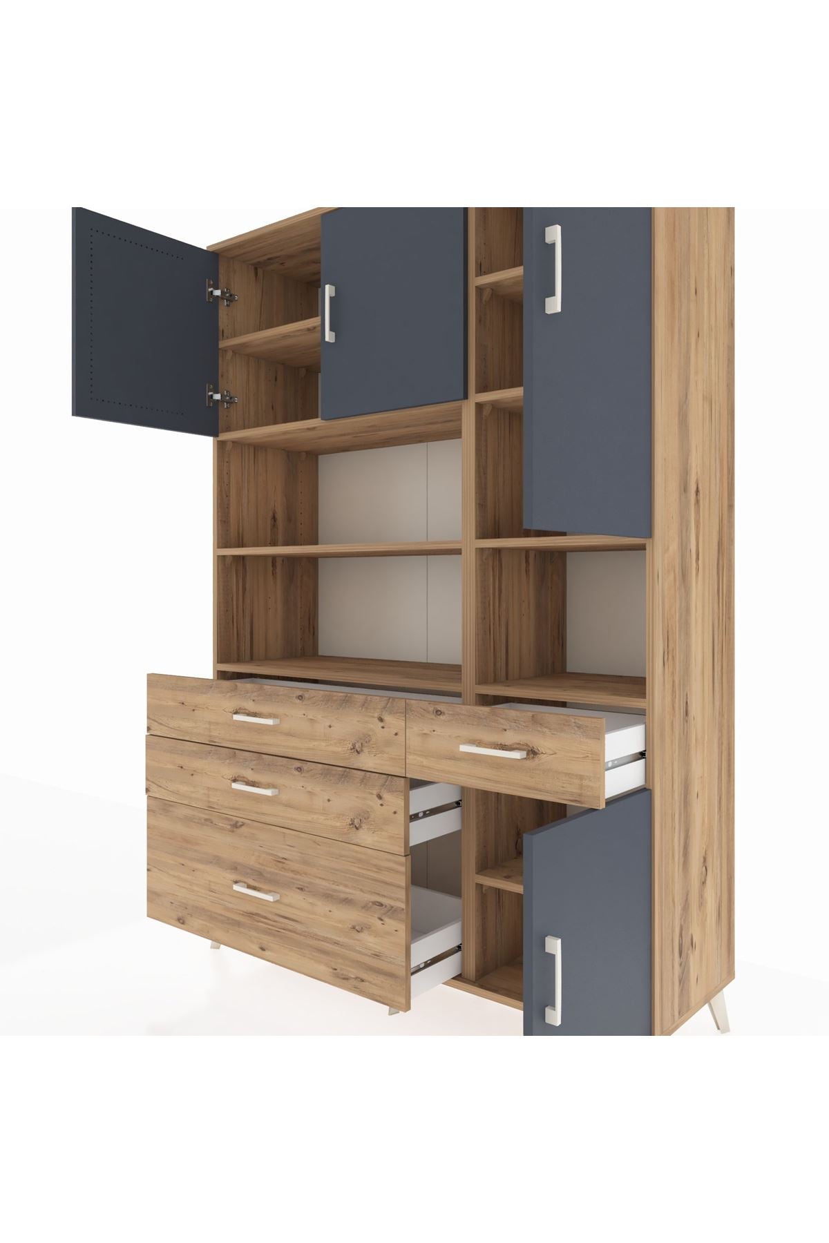 Hyperion Dolap 9 Raflı 4 Çekmeceli 4 Kapaklı 132x44x195 Çam-Antrasit/Çam