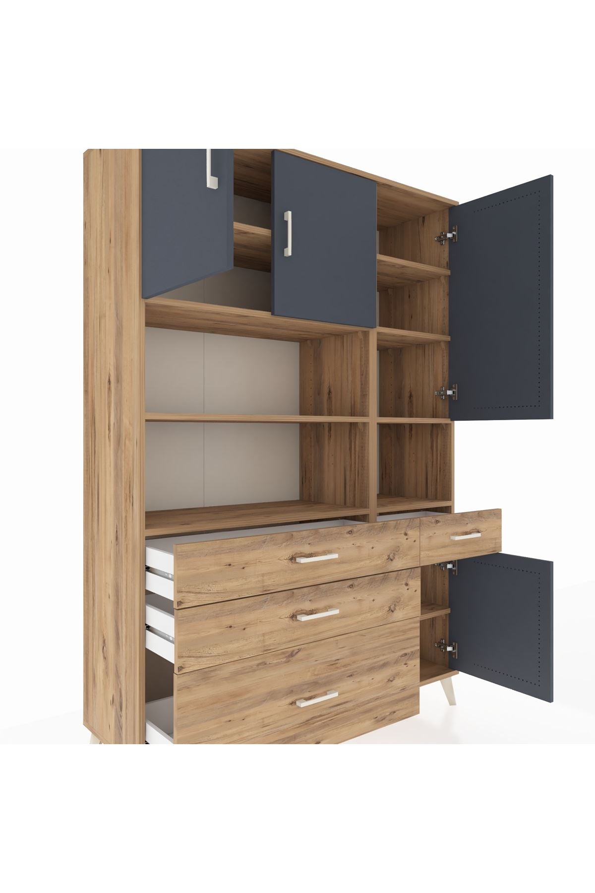 Hyperion Dolap 9 Raflı 4 Çekmeceli 4 Kapaklı 132x44x195 Çam-Antrasit/Çam