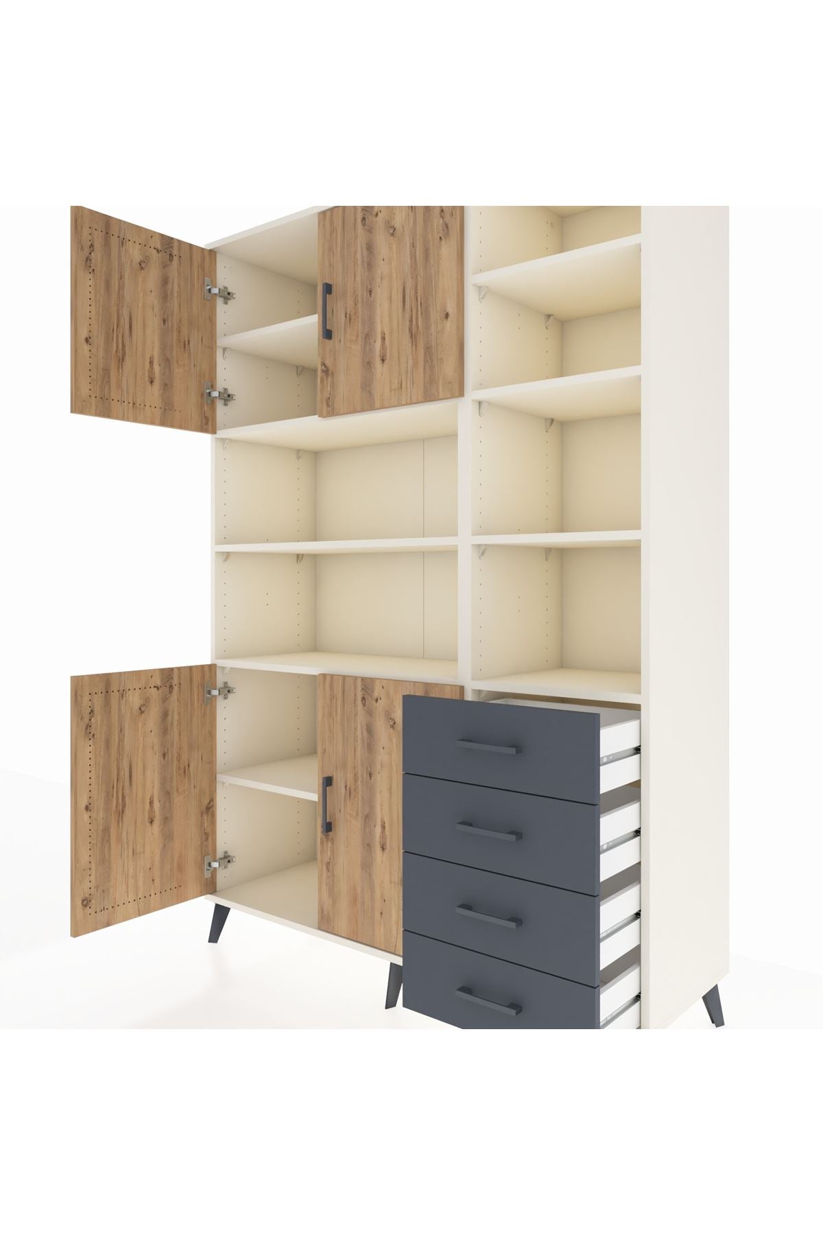 Hyperion Dolap 9 Raflı 4 Çekmeceli 4 Kapaklı 132x44x195 Aytaşı-Çam/Antrasit