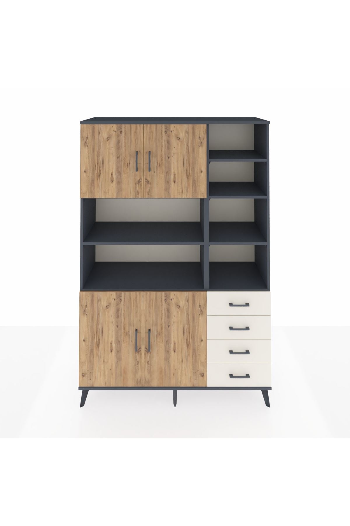 Hyperion Dolap 9 Raflı 4 Çekmeceli 4 Kapaklı 132x44x195 Antrasit-Çam/Aytaşı