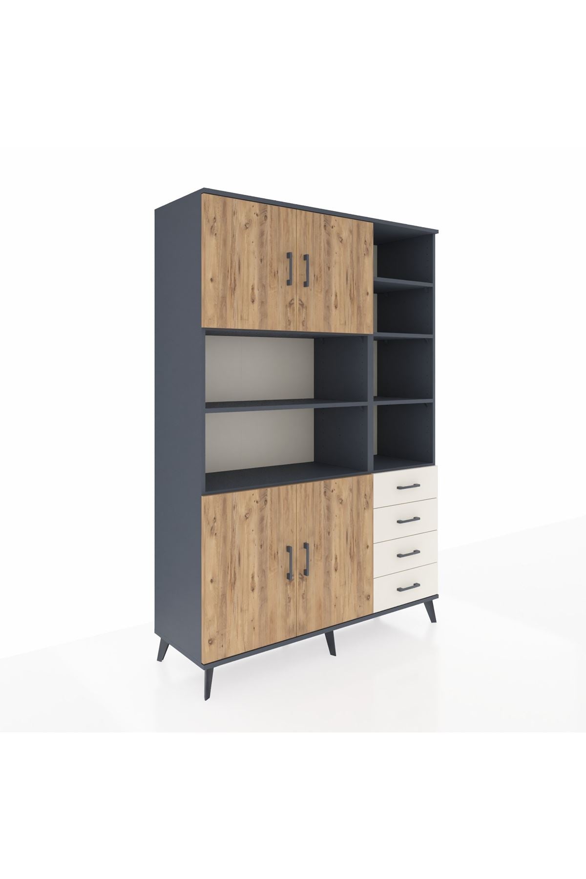 Hyperion Dolap 9 Raflı 4 Çekmeceli 4 Kapaklı 132x44x195 Antrasit-Çam/Aytaşı