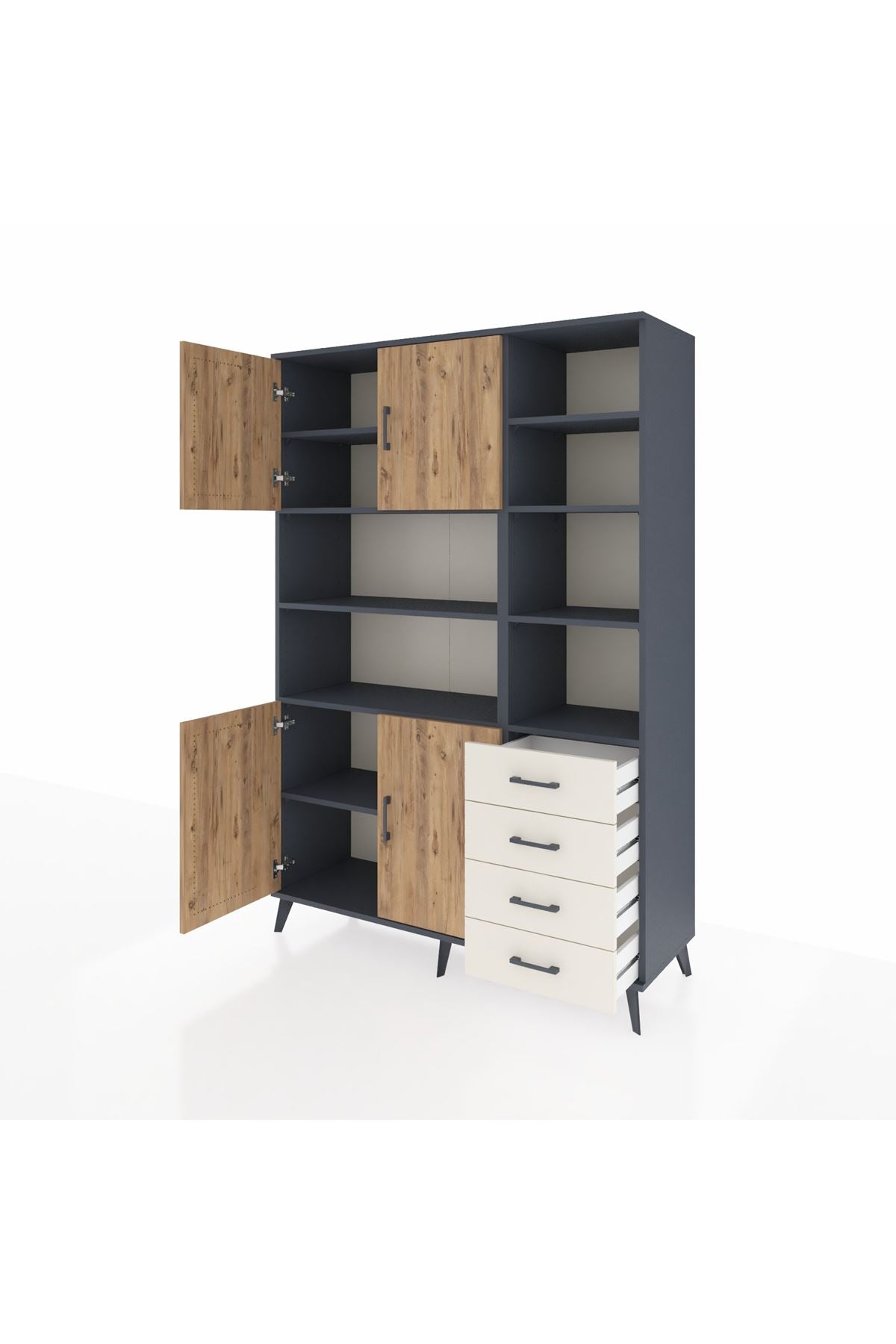 Hyperion Dolap 9 Raflı 4 Çekmeceli 4 Kapaklı 132x44x195 Antrasit-Çam/Aytaşı