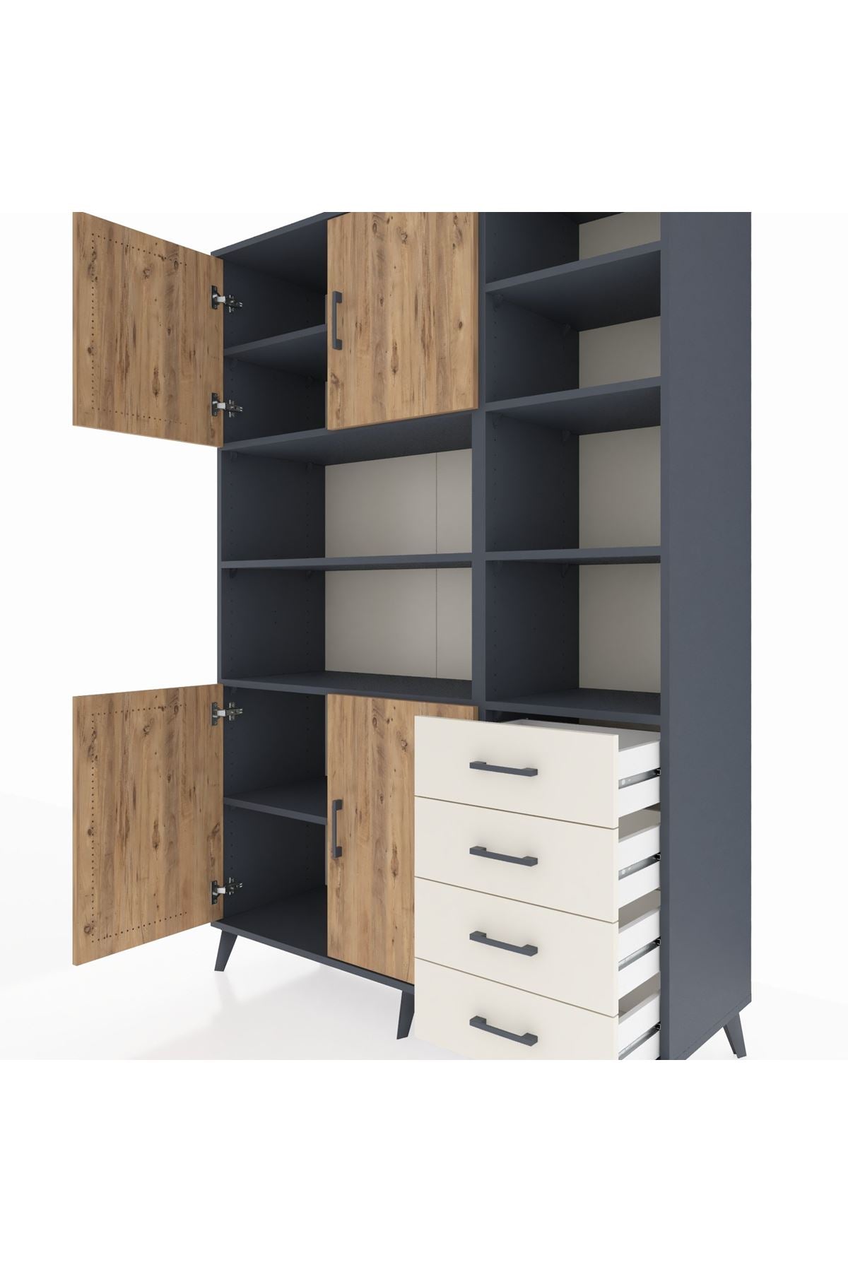 Hyperion Dolap 9 Raflı 4 Çekmeceli 4 Kapaklı 132x44x195 Antrasit-Çam/Aytaşı