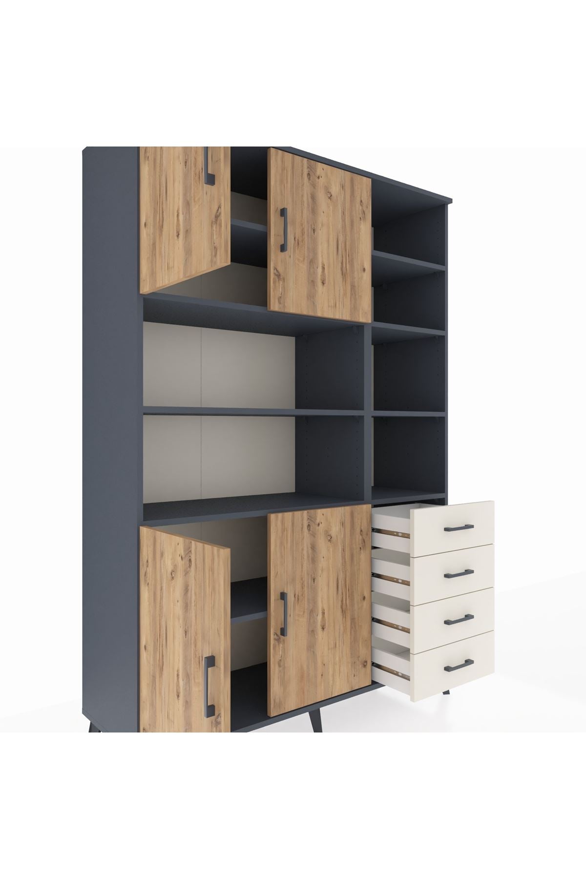 Hyperion Dolap 9 Raflı 4 Çekmeceli 4 Kapaklı 132x44x195 Antrasit-Çam/Aytaşı